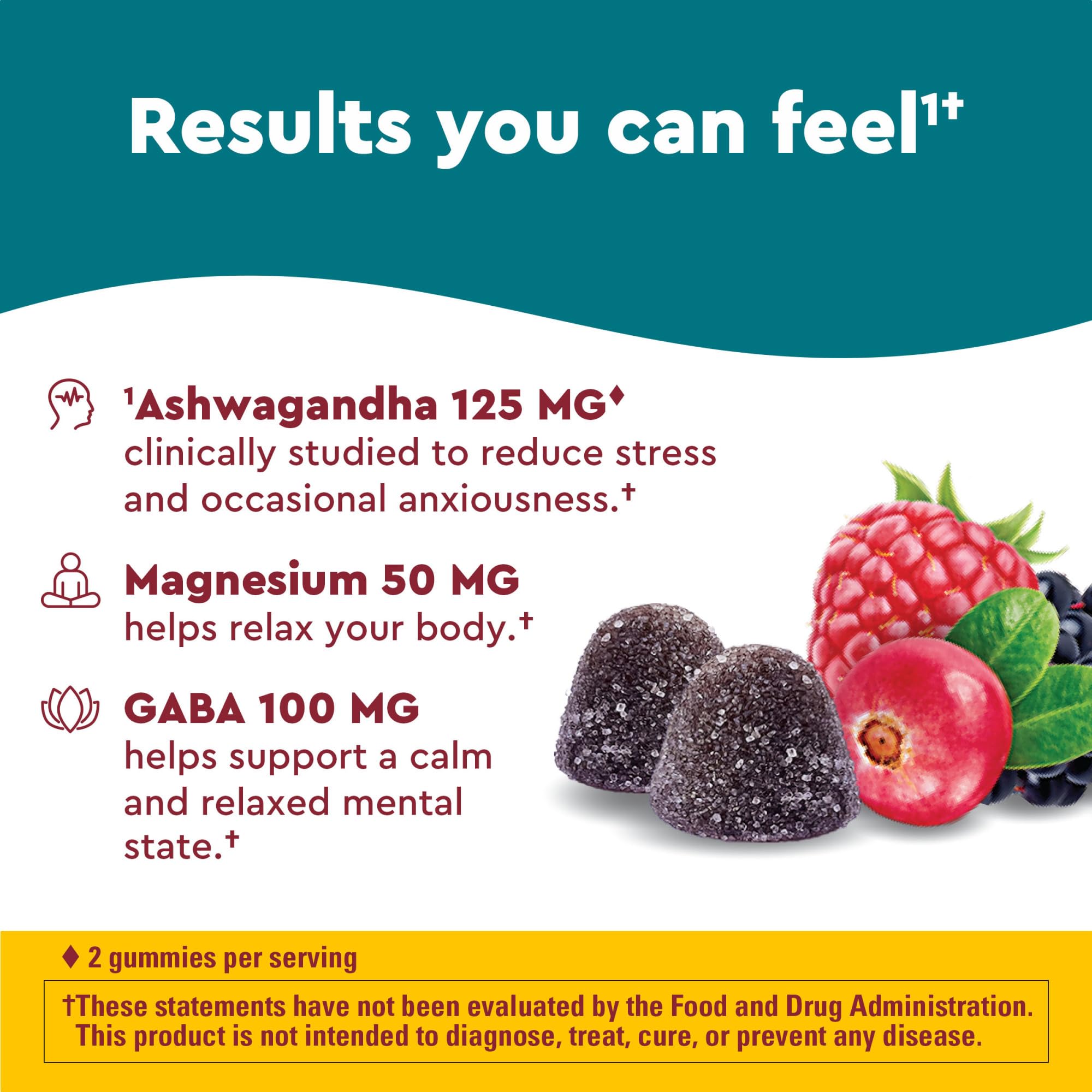 Nature Made Wellblends Calm Mind & Body, Magnesium Citrate, Ashwagandha 125mg & GABA 100mg Blend for Stress Relief, 38 Gummy Vitamins