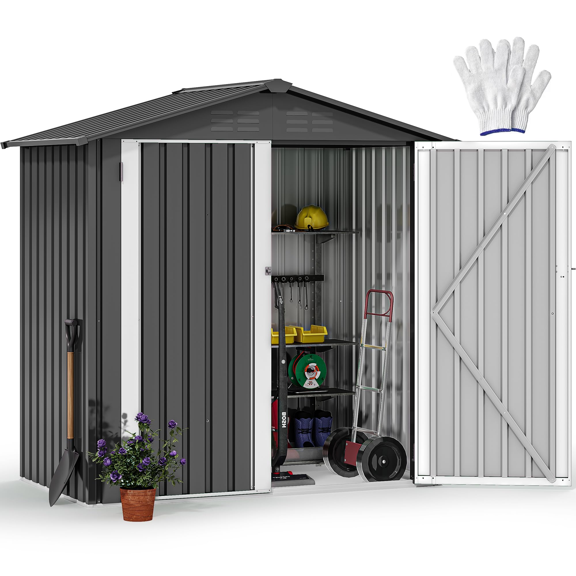 DWVO 6x4ft Metal Outdoor Storage Shed, Waterproof Tool Shed Heavy-Duty Storage Unit with Lockable Door and Vents, Ideal for Bicycles, Tools, Lawnmowers, Backyards, Patios, Lawns - Dark Gray