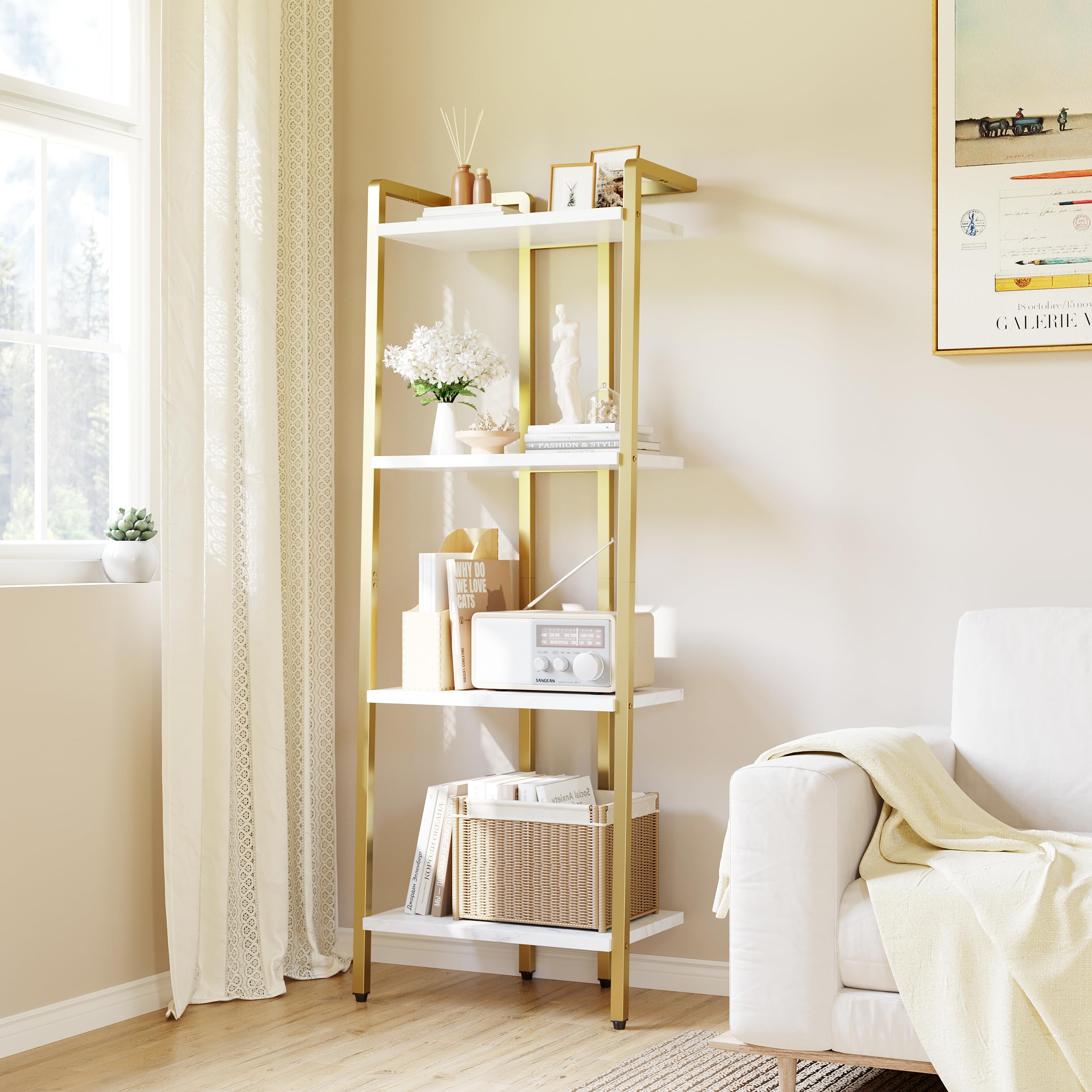 GarveeHome 4 Tier Ladder Shelf, Free Standing Gold Book Shelf, Gold Bookcase with Metal Frame, Display Bookcase, Plant Rack, Accent Furniture for Home Office, White and Golden