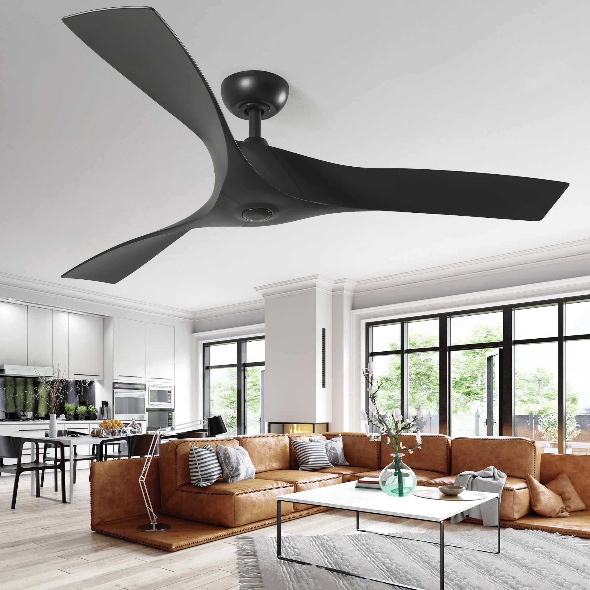 DWVO 52" Ceiling Fan with Remote, 3 Blade Ceiling Fans Reversible 6 Speeds with Quiet DC Motor and 2 Downrods for Bedroom, Living Room, Dining Room, Patio, Office