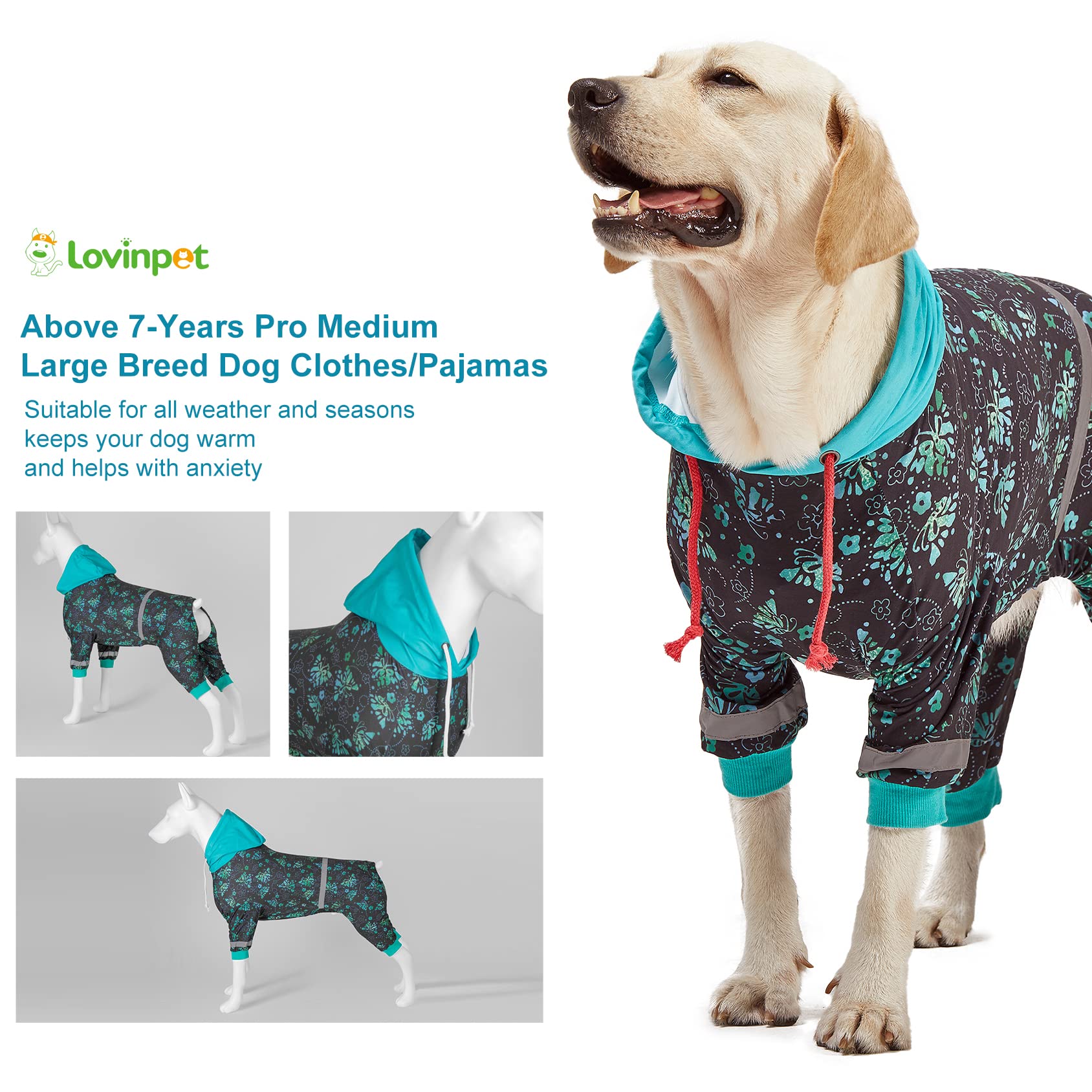 LovinPet Dog Pajamas, UV & Wound Care, Dog Anxiety Relief, Reflective Stripe, Butterflies and Rings Black Print, Post Surgery Pet PJ's, Large Breed Dog Onesie Pajamas, Large