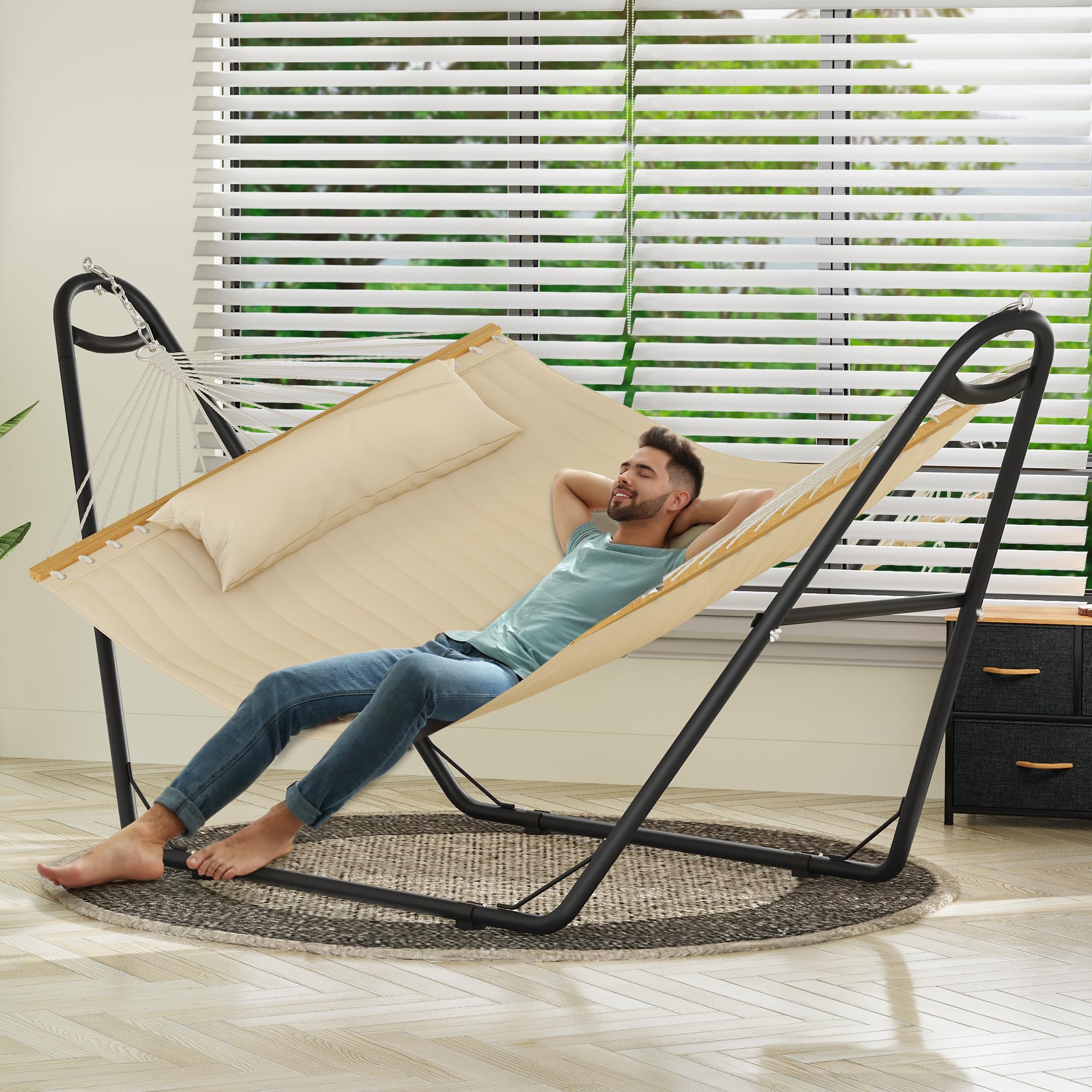 YITAHOME Hammock with Stand Included Hammock Heavy Duty Hammocks Waterproof Portable Hammock with Pillow Storage Bags 450lbs for Outdoors, Backyard, Beige