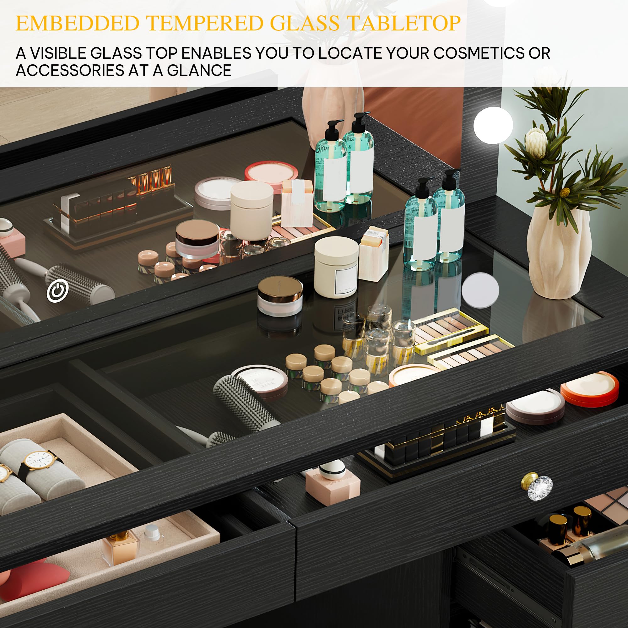 DWVO Vanity Desk with Mirror and Lights, Large Vanity Set with Power Outlet, Makeup Table with 8 Drawers, Dimmable 3 Lighting Colors, Makeup Desk for Bedroom and Dressing Room, Black