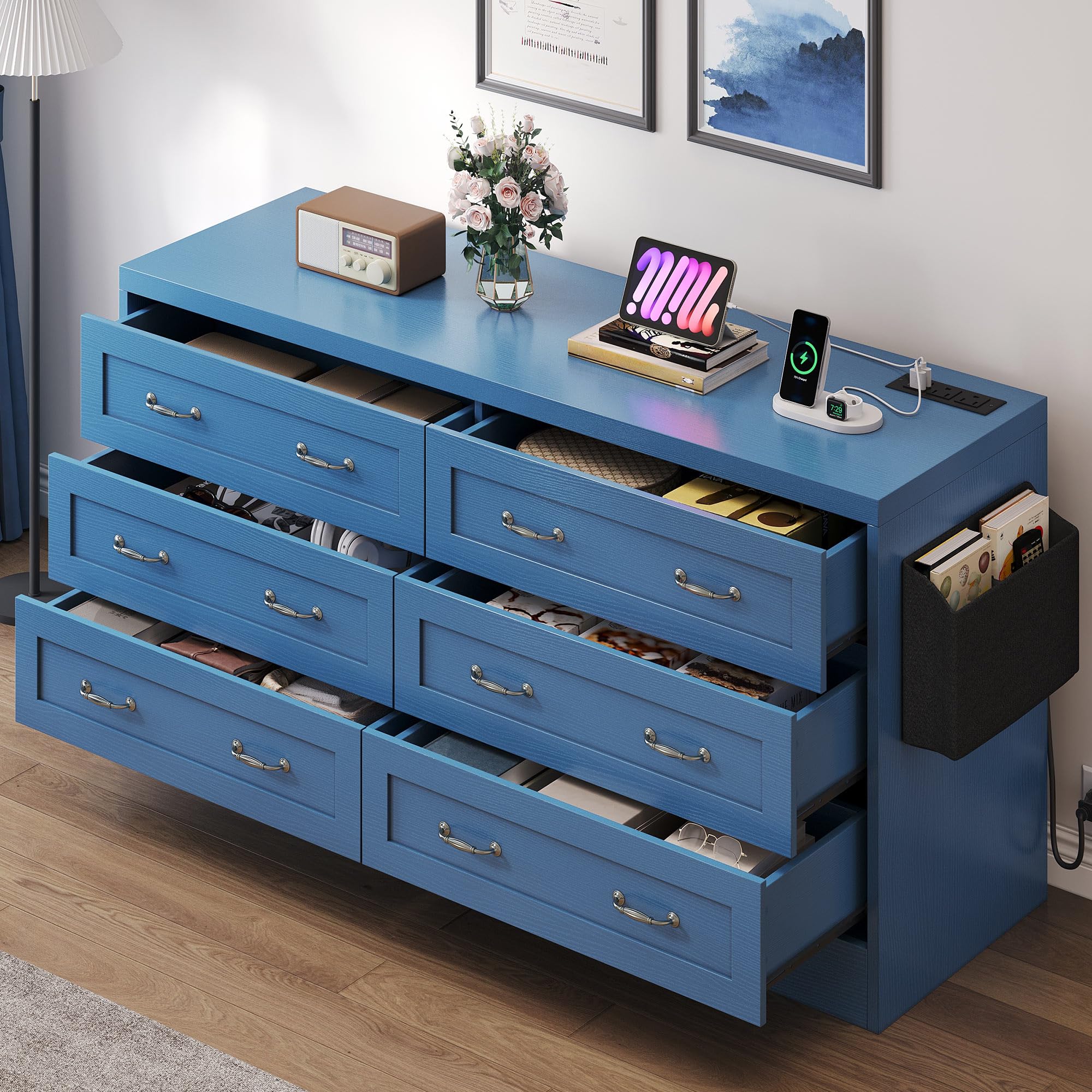 GOOBED Farmhouse 6 Drawer Dresser for Bedroom, TV Stand with Large Drawers & Bar Handles, Storage with Power Outlets, Rustic Wood Chest of Drawers, Blue