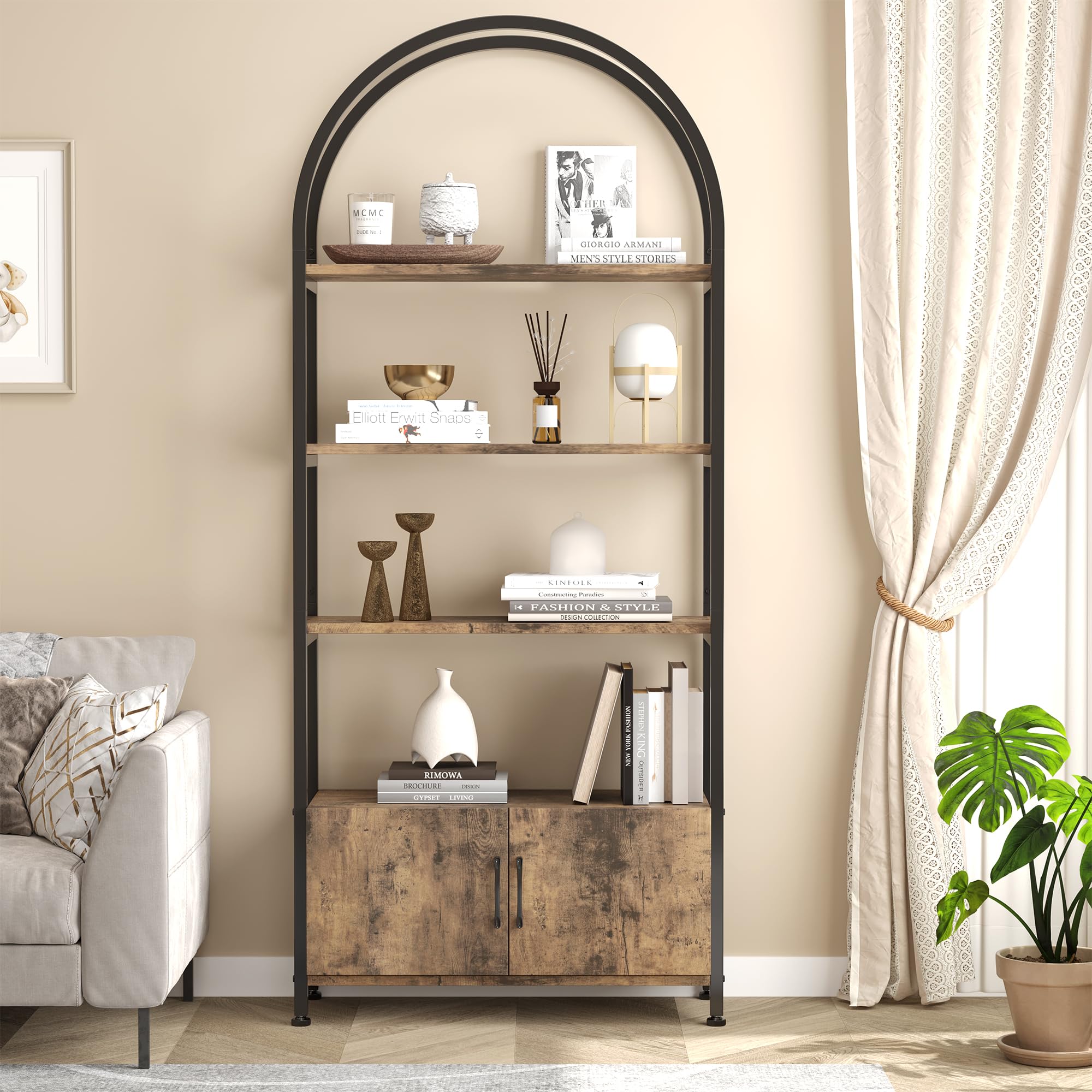 GarveeHome Arched Bookshelf, Bookcase with Doors Storage, 71.5 Inches Tall Industrial Book Shelf with Sturdy Metal Frame and Quality Boards, Freestanding Display Shelving (Brown)