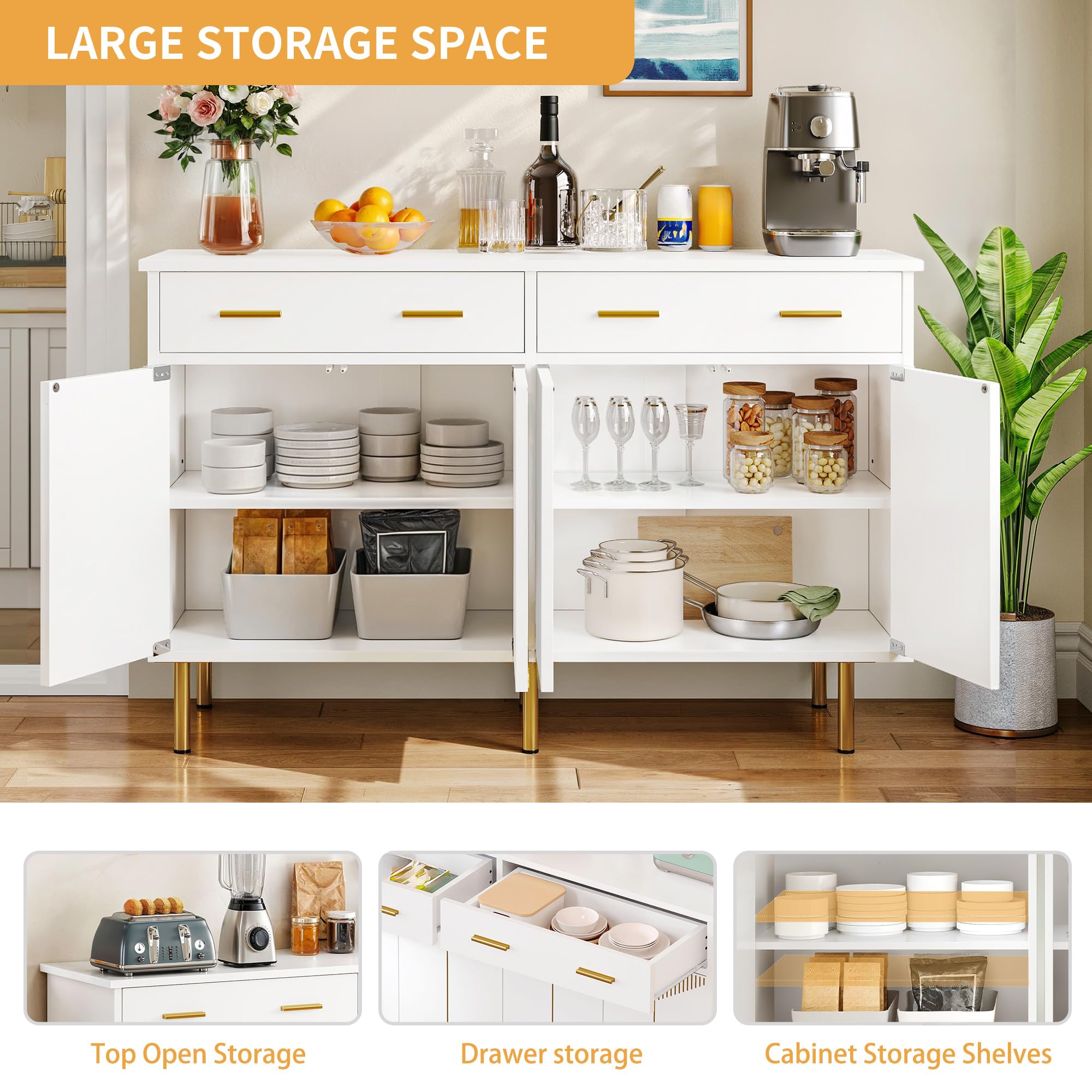 DWVO 55" Sideboard Buffet Cabinet with Storage, Modern Kitchen Storage Cabinet with Doors and Drawers for Hallway, Kitchen or Living Room, White/Gold
