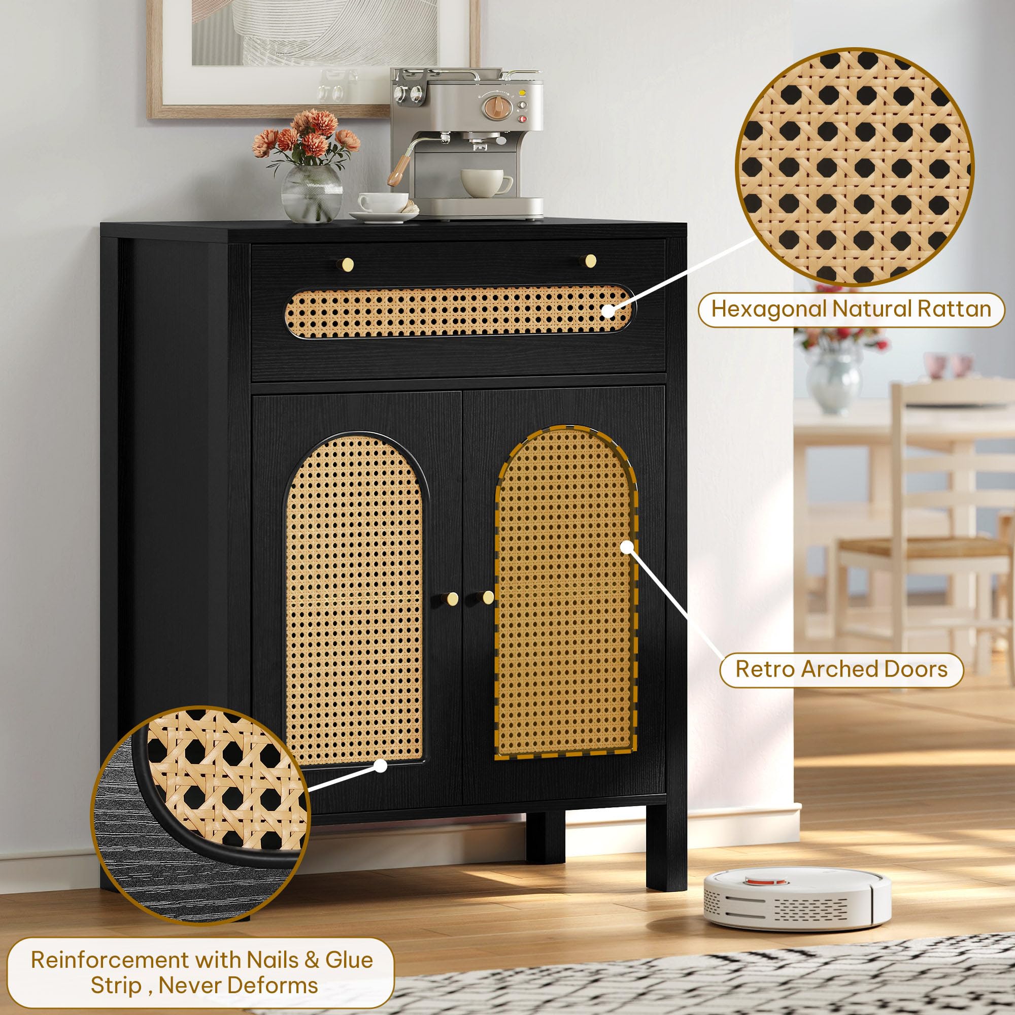 DWVO Rattan Drawer Dresser with Doors and Adjustable Shelves - Bathroom Cabinet with Large Drawer-Accent Cabinet Sideboard for Living Room/Entryway - Black