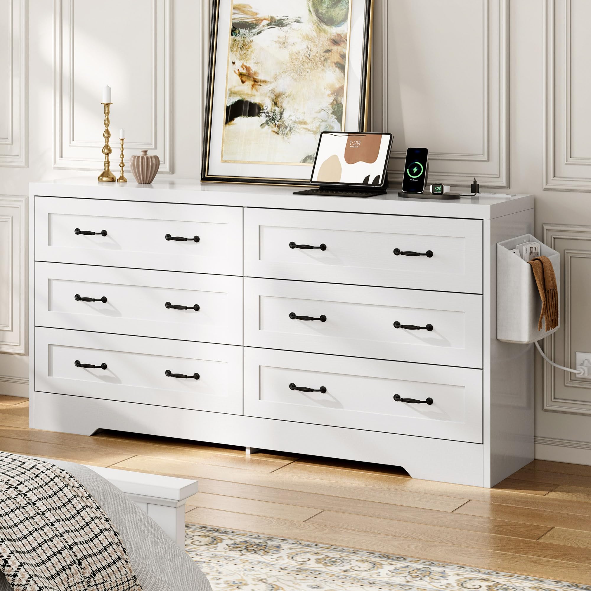 DWVO Farmhouse 6 Drawer Dresser for Bedroom, 59" Wide Large Modern Dresser TV Stand with Drawers & Bar Handles, Storage Dressers with Power Outlets, Rustic Wood Chest of Drawers, White
