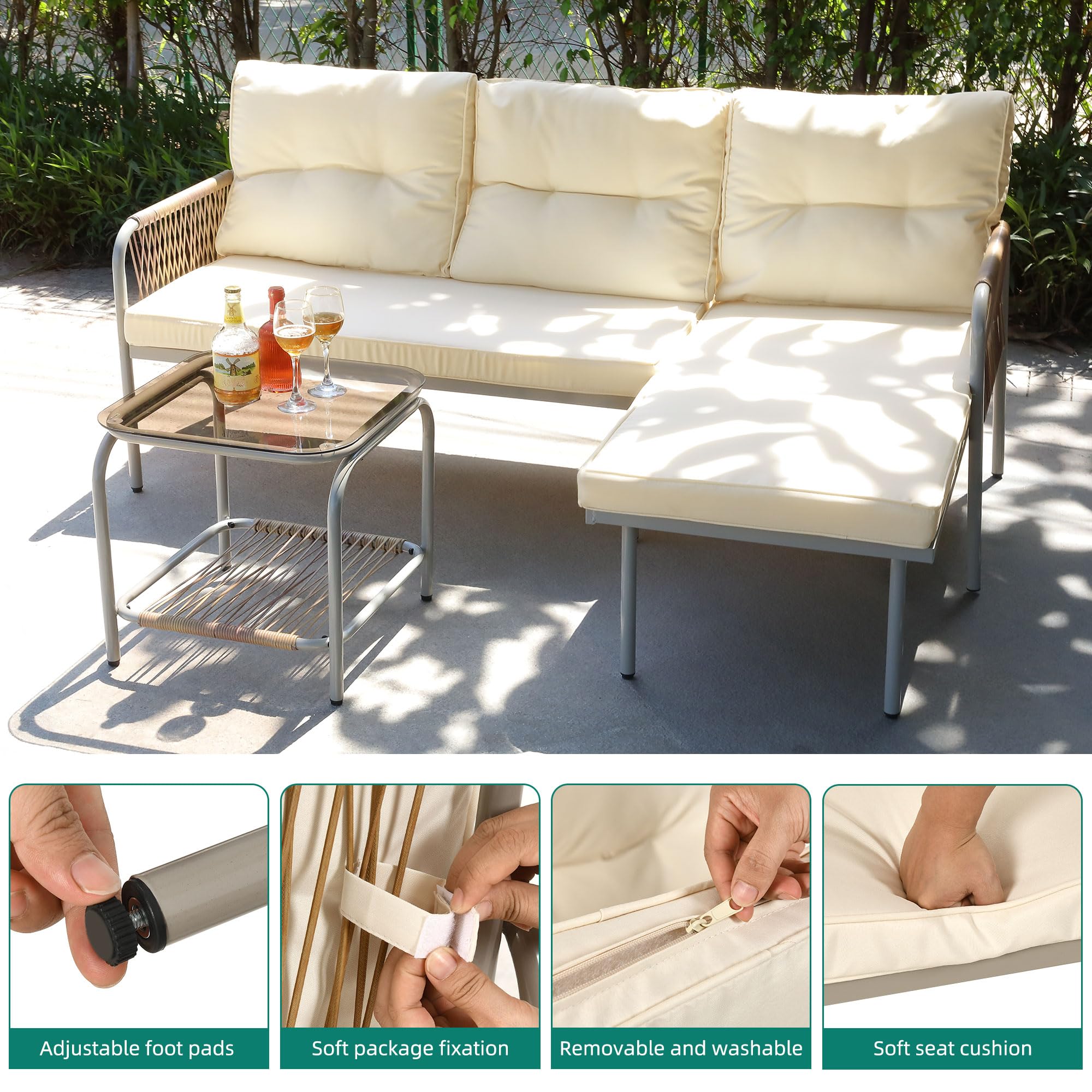 YITAHOME Patio Furniture Set, 3 Pieces Outdoor Wicker Conversation Set, All-Weather Rattan Sectional L-Shaped Sofa Detachable Lounger with Cushions and Coffee Table for Backyard, Porch, Boho - Beige