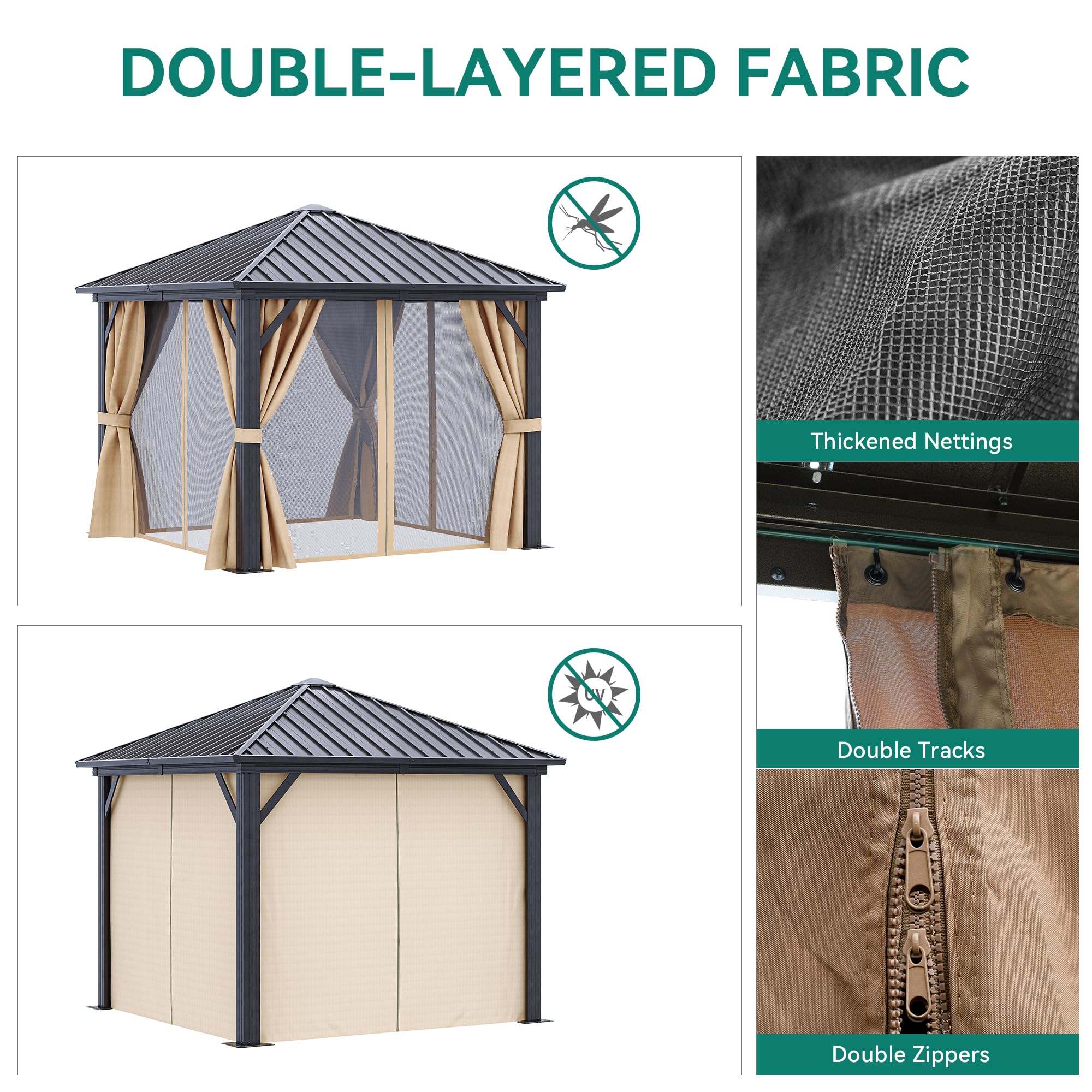 YITAHOME 10X10FT Metal Hardtop Gazebo Outdoor Patio Single Top Canopy Galvanized Iron Aluminum Column Garden Tent Curtains Netting for Backyards Decks Lawns,Brown