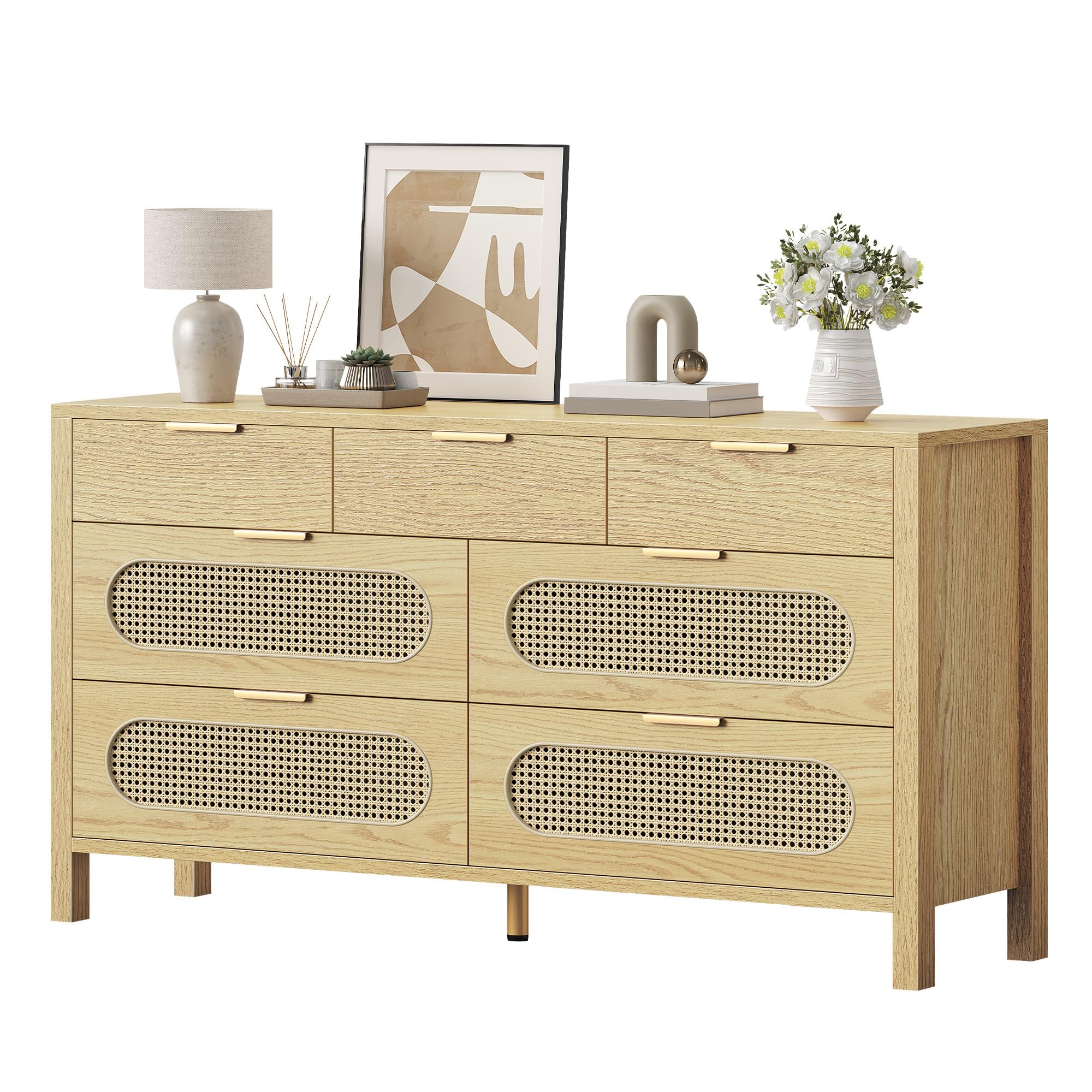 DWVO Natural Rattan 7 Drawer Dressers - Oak Wooden Dresser Chest of Drawers with Golden Handles - Modern Large Closet Boho Dressers Storage Cabinet for Living Room/Hallway/Entryway