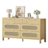 DWVO Natural Rattan 7 Drawer Dressers - Oak Wooden Dresser Chest of Drawers with Golden Handles - Modern Large Closet Boho Dressers Storage Cabinet for Living Room/Hallway/Entryway