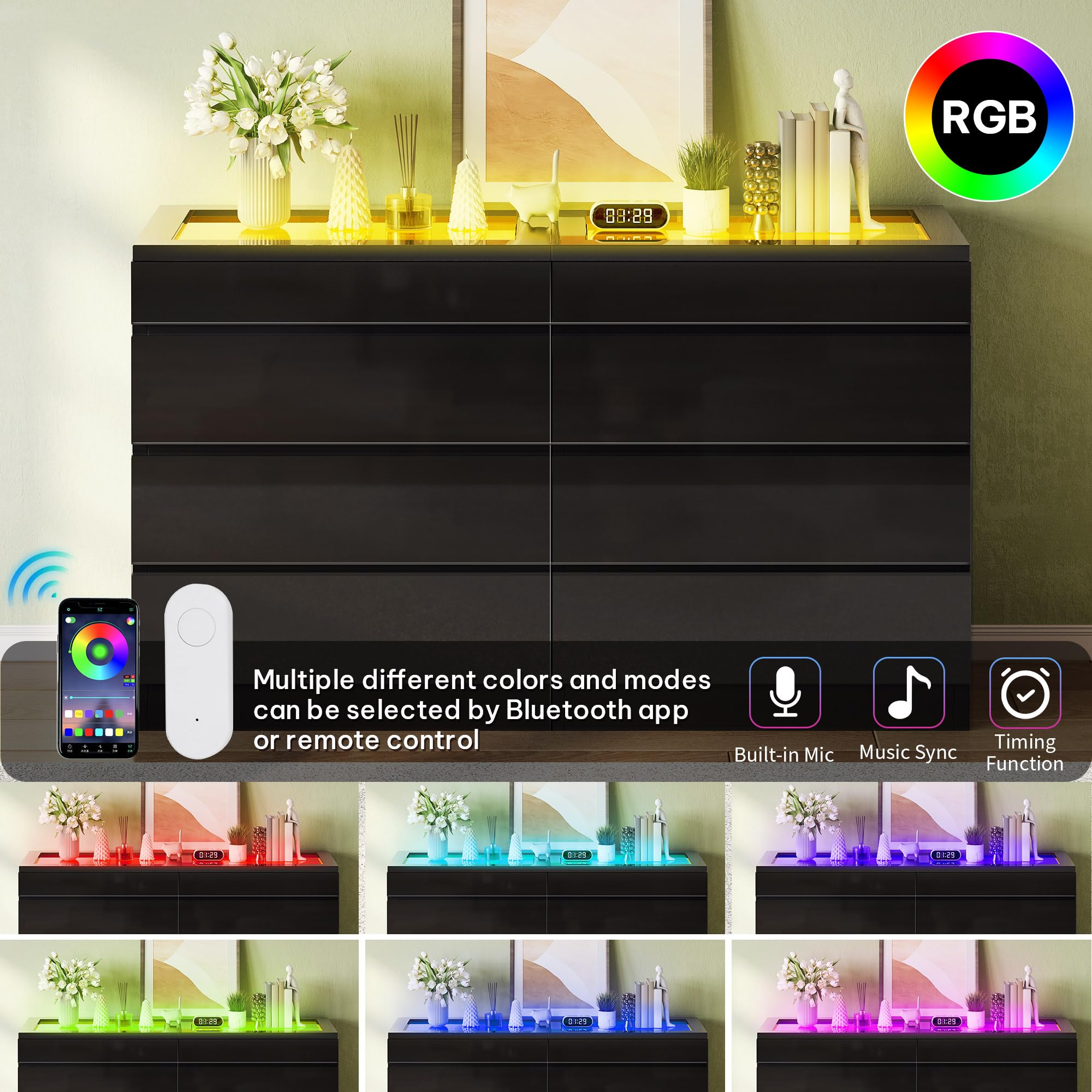 DWVO 8 Drawer Dresser, Black Dresser, Modern 8 Chest of Drawers with Deep Drawers Glass Top High Gloss Surface, Storage Organizer Cabinet for Living Room