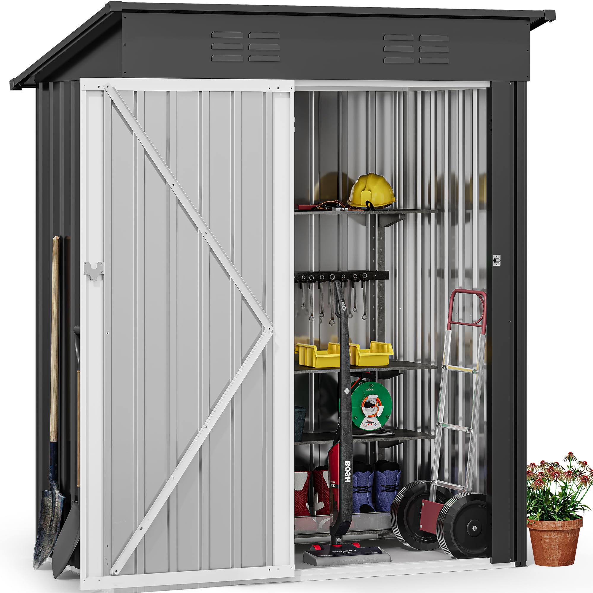 DWVO Outdoor Storage Shed, Weatherproof Tool Shed w/Locking Entry & Ventilation for Grass Cutter, Bike, Equipment, Courtyard, Garden (Dark Gray)