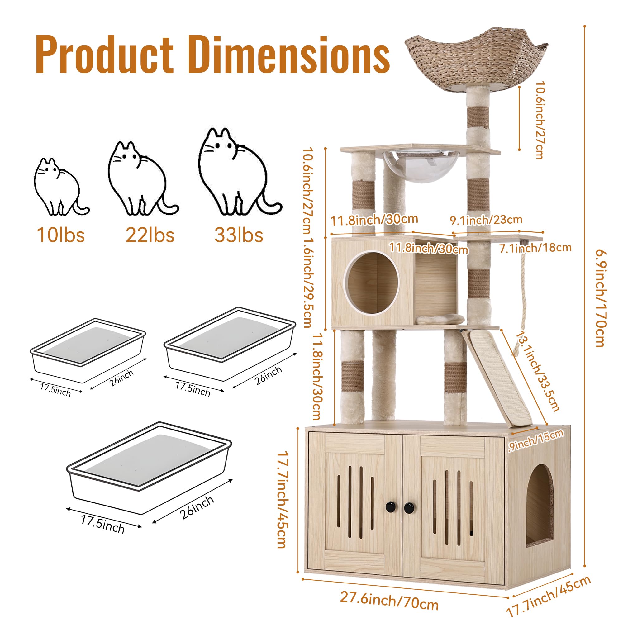 Cat Tree with Litter Box Enclosure, 2-in-1 Modern Cat Tower, 66.9-Inch Tall Cat Condo with Scratching Posts, Perch, Caves,Rattan Nest，Burlywood