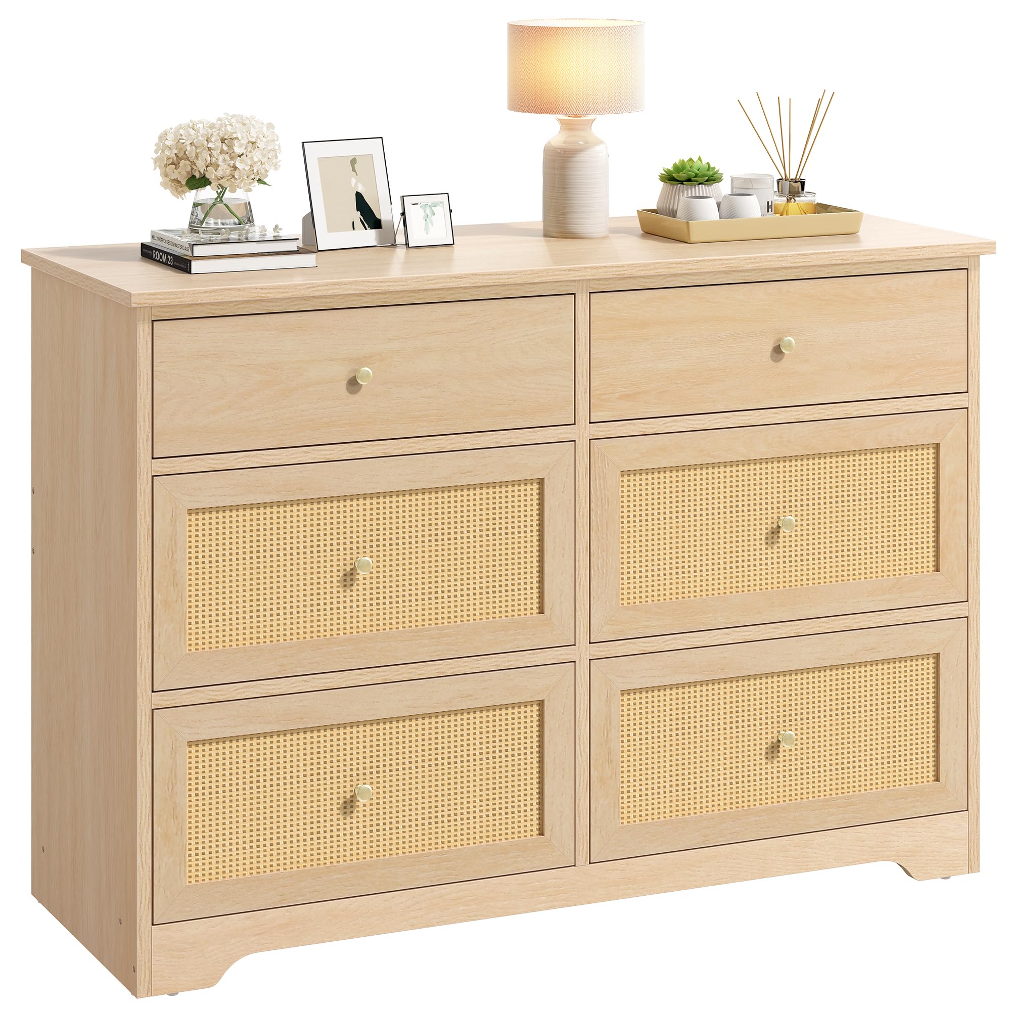 DWVO 6 Drawer Dressers & Chests of Drawers, Rattan Dresser for Room, Entryway, Hallway, Natural