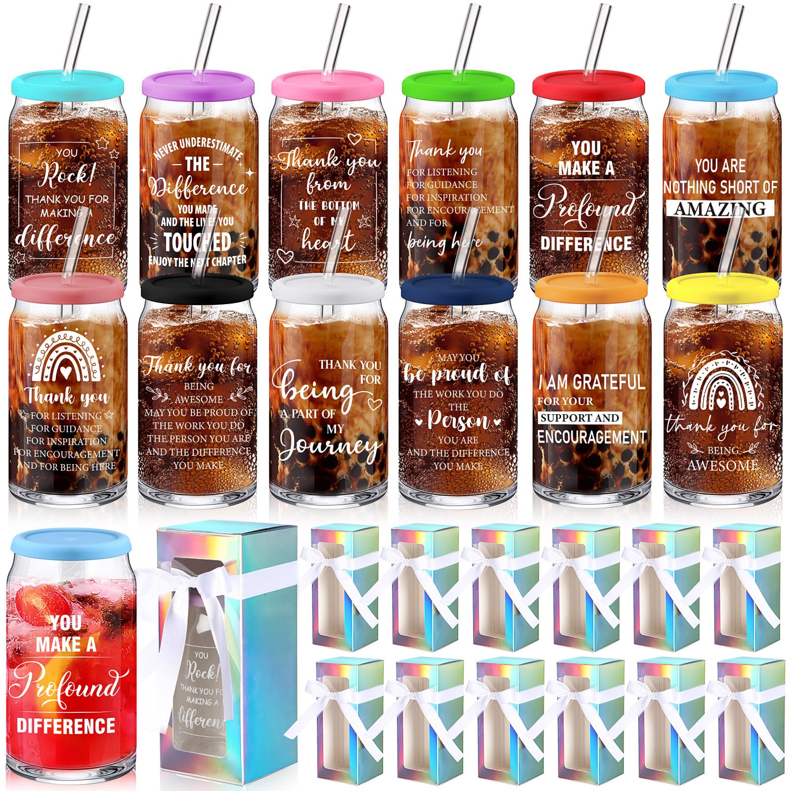Layhit 12 Set Employee Appreciation Gifts Thank You Gifts for Staff Coworker Thank You Glass Cups 16 oz Can Shaped Beer Glass with Lids Straws Brushes Gift Boxes Ribbon for Team Women Men (Team B)
