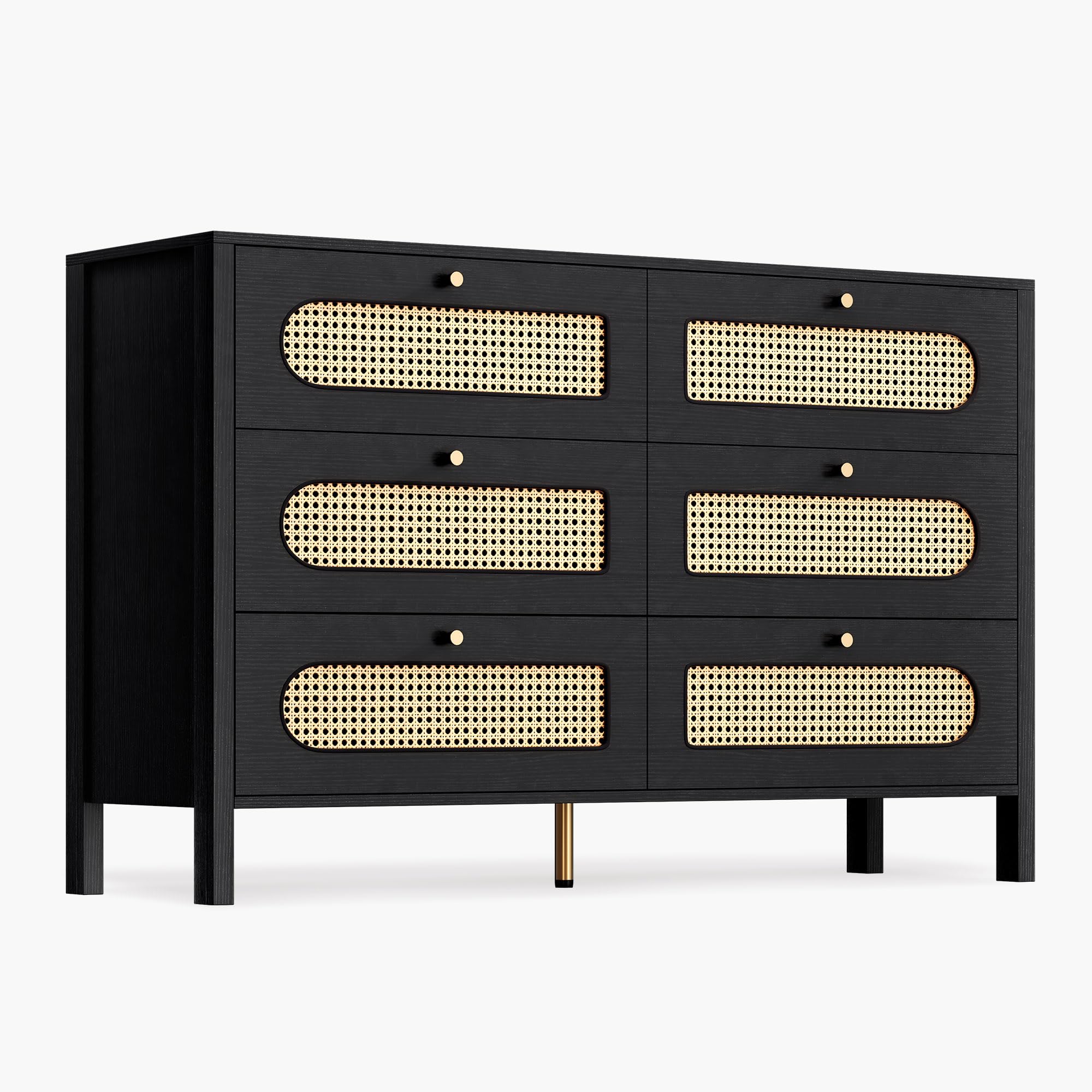 DWVO Buffet Cabinet Rattan - Storage with 6 Wood Storage Closet Dressers Chest - Coffee Bar with Drawer-Accent with Golden Handles for Living Room/Dining Room/Entryway-Black