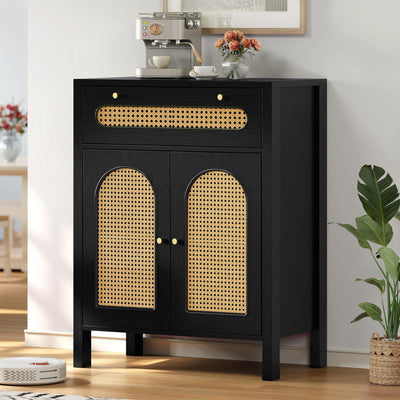 DWVO Rattan Drawer Dresser with Doors and Adjustable Shelves - Bathroom Cabinet with Large Drawer-Accent Cabinet Sideboard for Living Room/Entryway - Black
