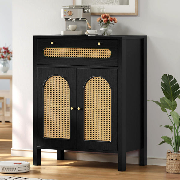 DWVO Rattan Drawer Dresser with Doors and Adjustable Shelves - Bathroom Cabinet with Large Drawer-Accent Cabinet Sideboard for Living Room/Entryway - Black