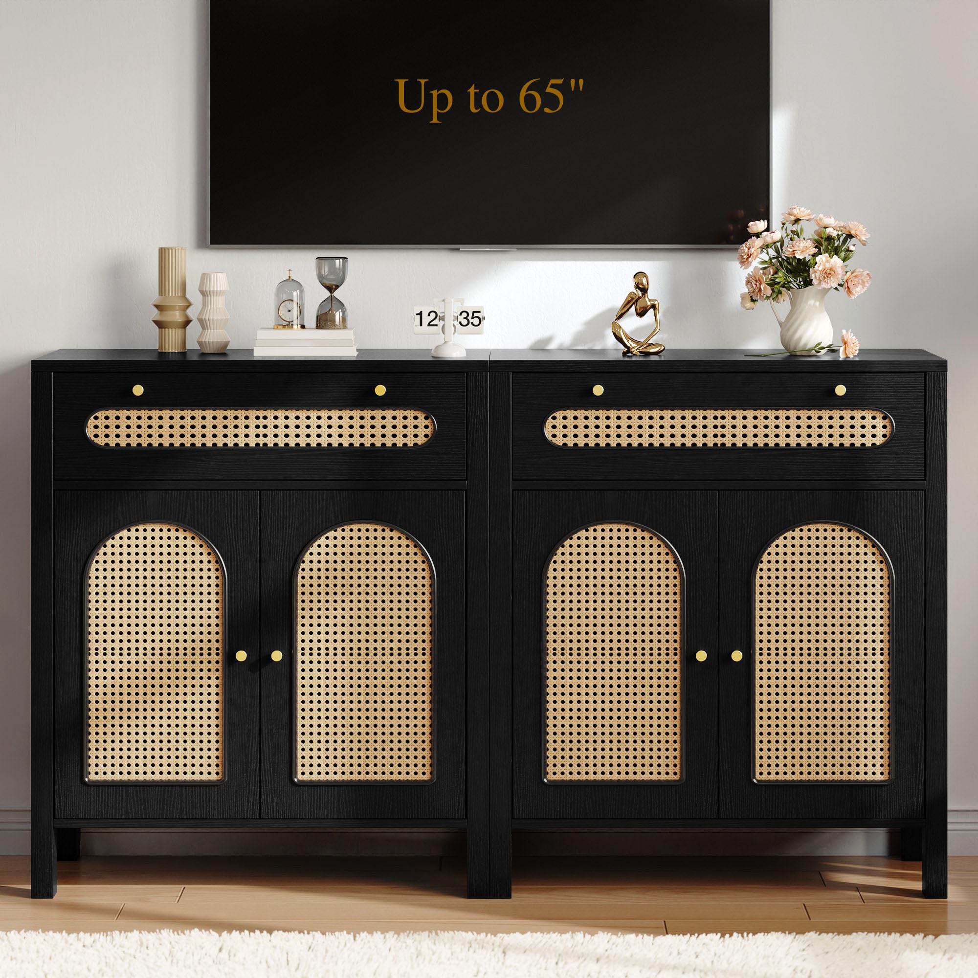 DWVO Rattan Drawer Dresser with Doors and Adjustable Shelves - Bathroom Cabinet with Large Drawer-Accent Cabinet Sideboard for Living Room/Entryway - Black
