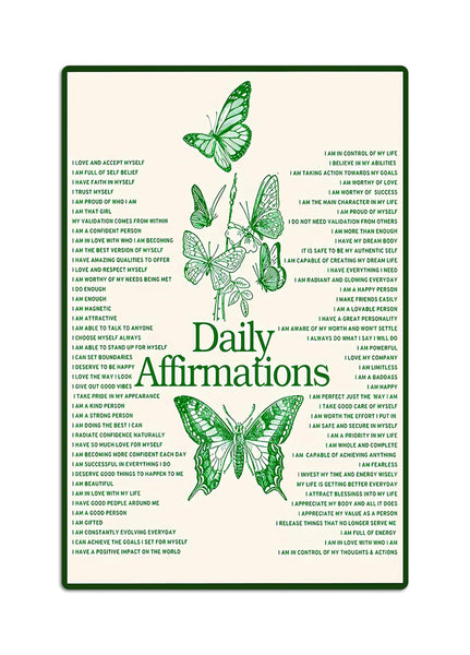 CUUCTGDA Daily Positive Affirmations Butterfly Posters Inspirational Metal Tin Sign Green Boho Room Aesthetic Decoration Home Kitchen Office Bedroom Wall Decor 8x12 Inch
