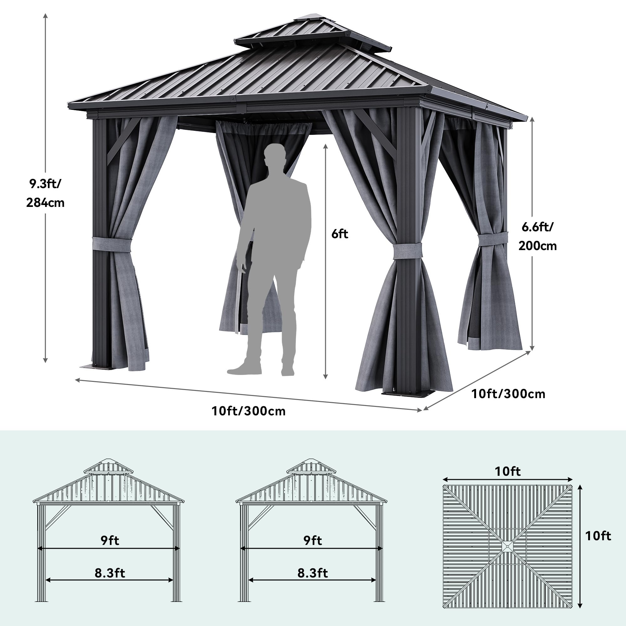 YITAHOME 10X10FT Hard Top Metal Gazebo Patios Double Roof Canopy Aluminum Frame Garden Gazebo Tent Curtains Netting for Patios Backyards Decks Lawns Gray