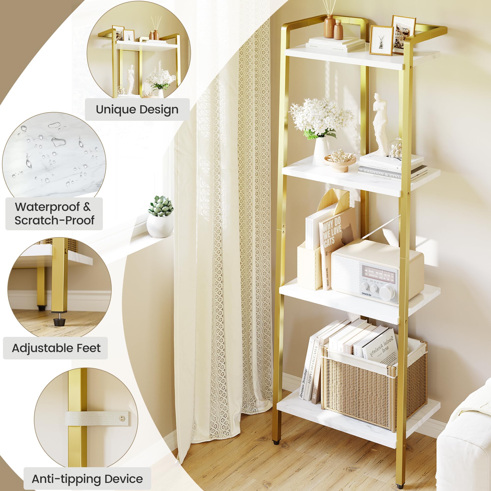 GarveeHome 4 Tier Ladder Shelf, Free Standing Gold Book Shelf, Gold Bookcase with Metal Frame, Display Bookcase, Plant Rack, Accent Furniture for Home Office, White and Golden
