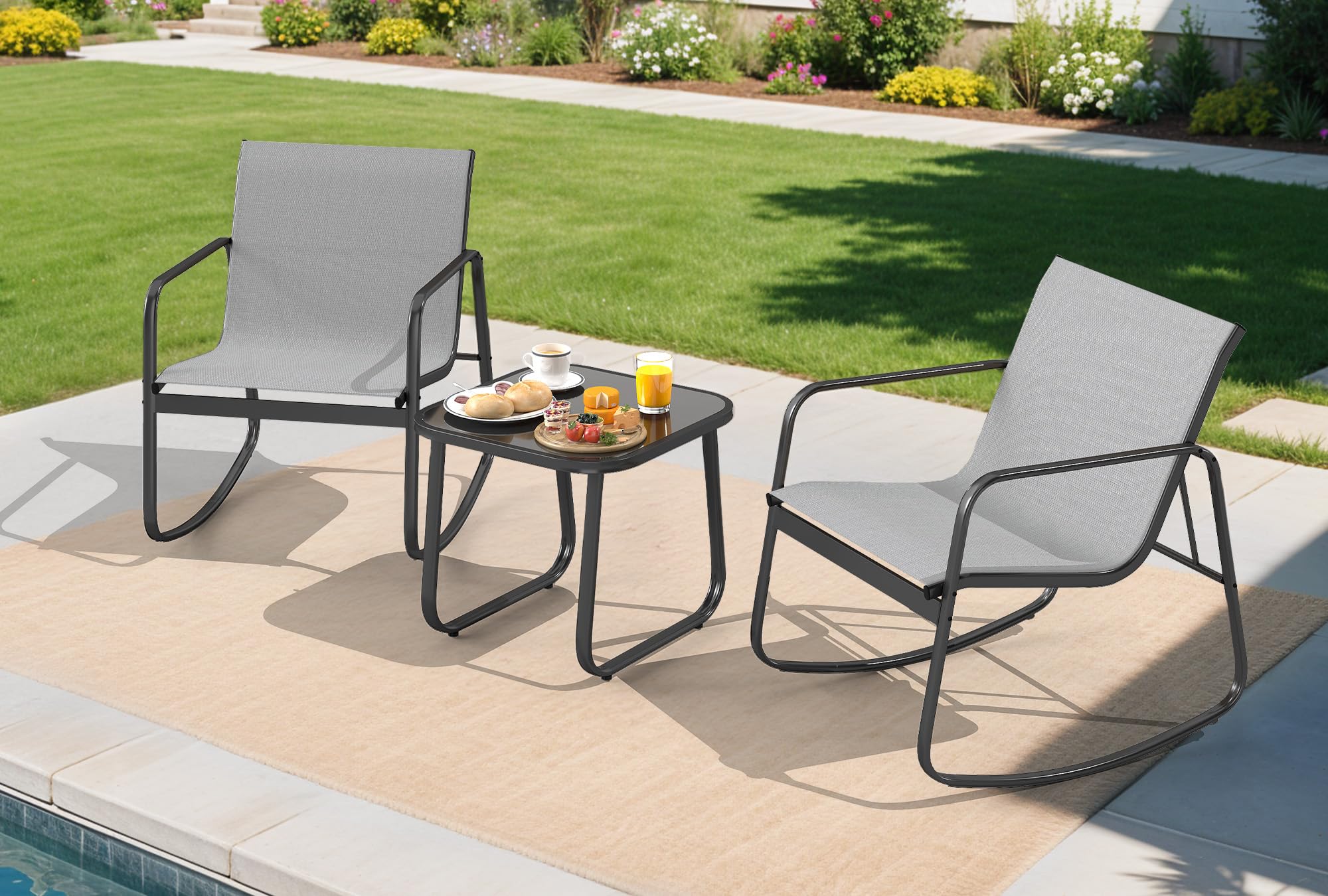 YITAHOME 3 Piece Patio Furniture Set, Small Outdoor Conversation Set with Textilene Fabric Bistro Rocking Chairs and Glass Table for Balcony Backyard Lawn Porch Garden Poolside (Grey)