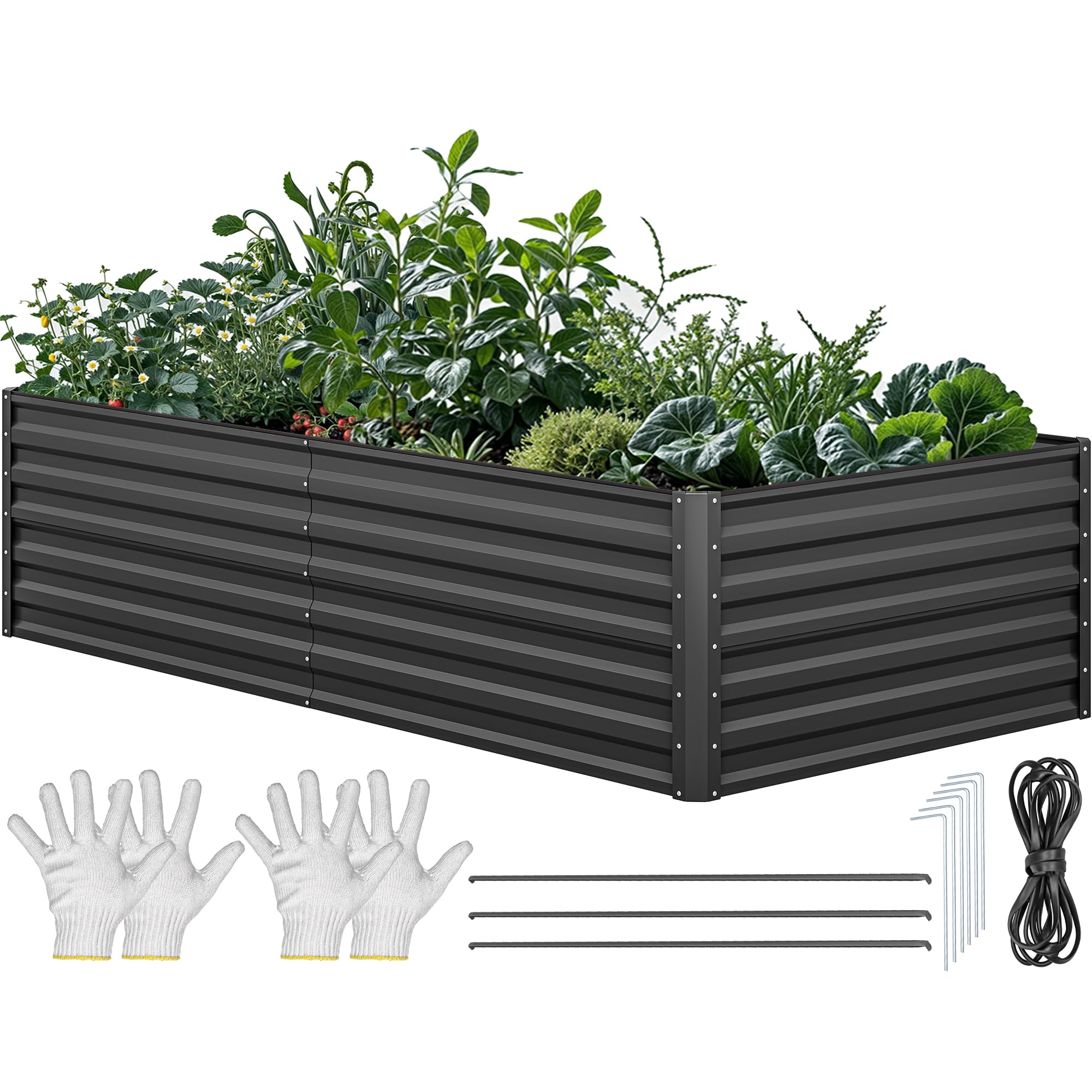 YITAHOME 96x48x24 in Galvanized Raised Garden Bed Kit, Large Metal Planter Box with Gloves, Safety Rubber & Support Rod, Outdoor Flower Bed for Plants Vegetables, Black