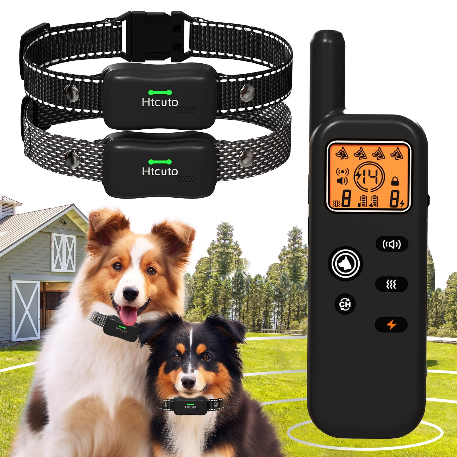 Htcuto Wireless Dog Fence System for 2 Dogs 856 Acre Electric Fences for Dogs Training Collar with Remote Shock Ultrasonic Trainer Waterproof Portable Outdoor Pet Containment System with 2 Collars