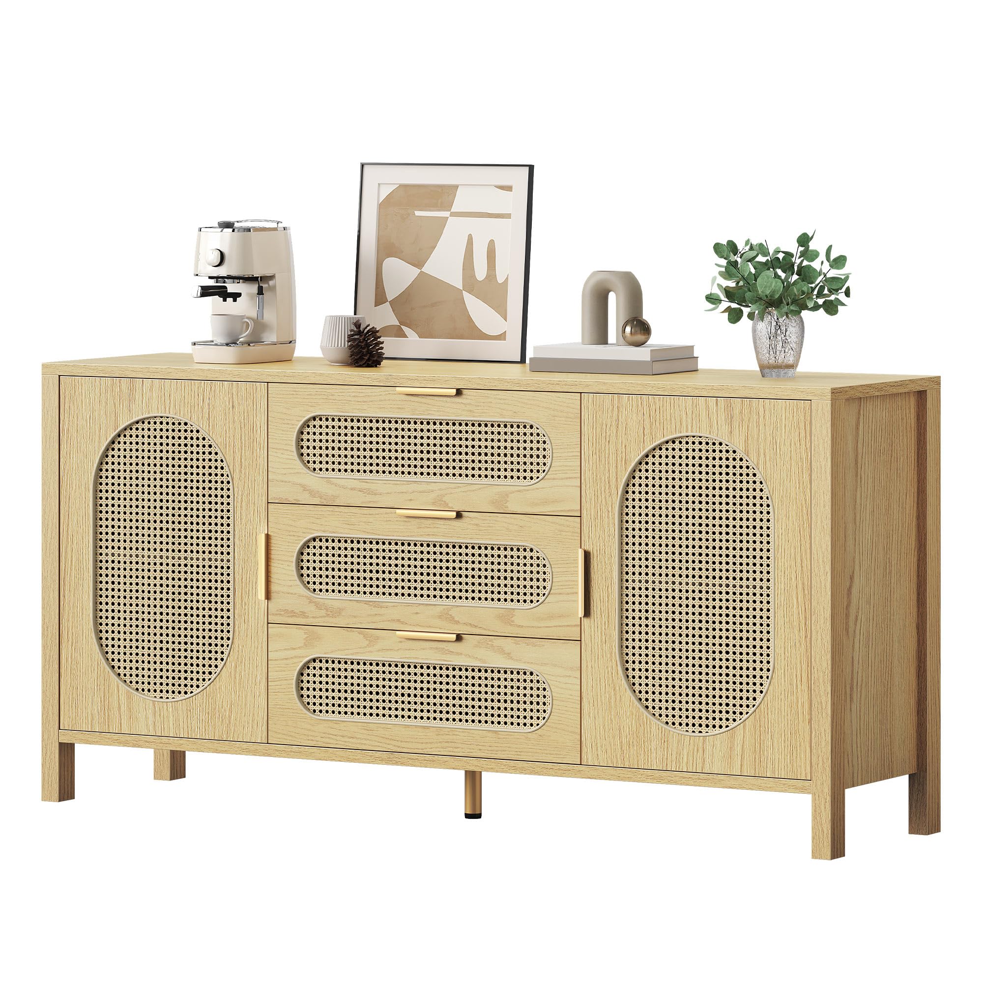 DWVO TV Stand 3 Drawer Dressers Storage Cabinet Natural Rattan Oak Wooden Chest with Golden Handles - Modern Large Closet Boho for Living Room/Hallway/Entryway