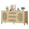 DWVO TV Stand 3 Drawer Dressers Storage Cabinet Natural Rattan Oak Wooden Chest with Golden Handles - Modern Large Closet Boho for Living Room/Hallway/Entryway