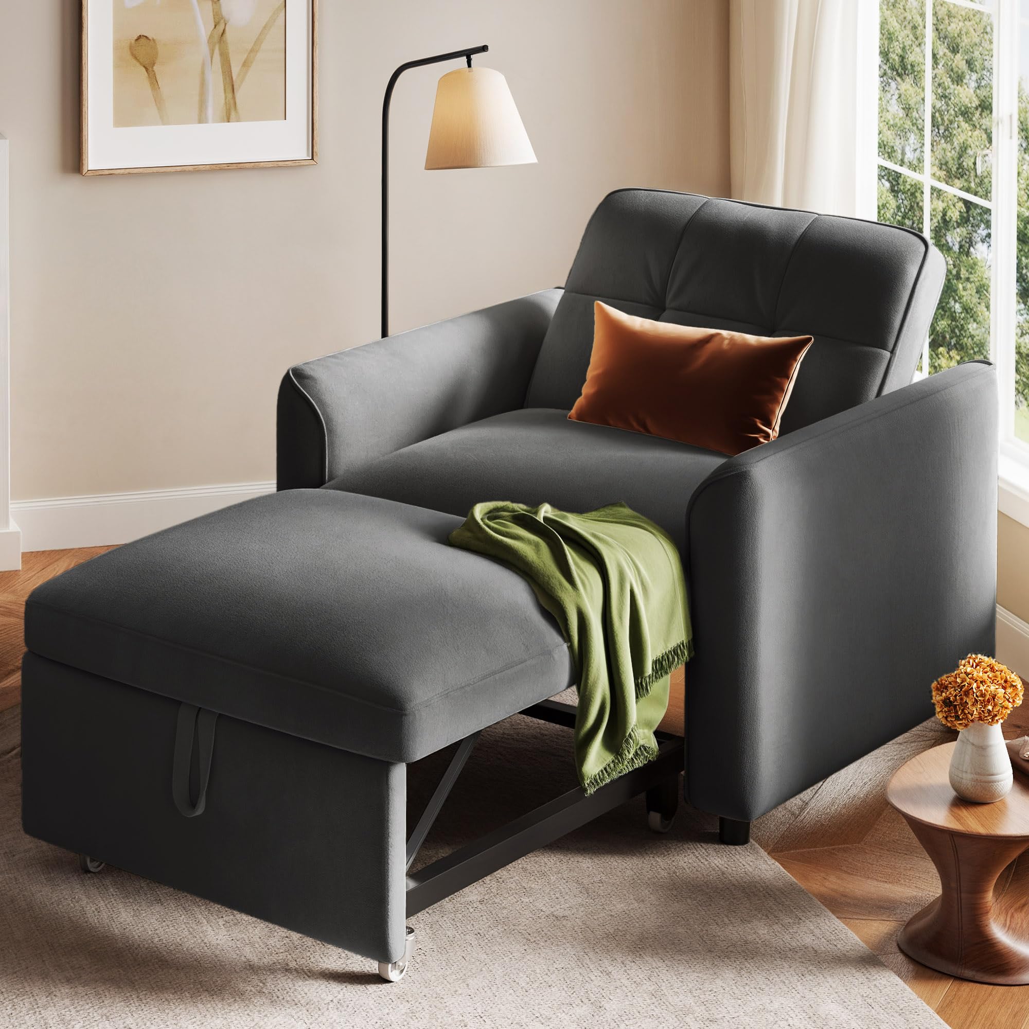 YITAHOME Convertible Sofa Chair Bed, 3-in-1 Sleeper Sofa with Pull-Out Bed, Velvet Fabric Single Sleeper Chair with Reclining and Button Tufted Backrest, Modern Lounge Chair for Small Space, Grey