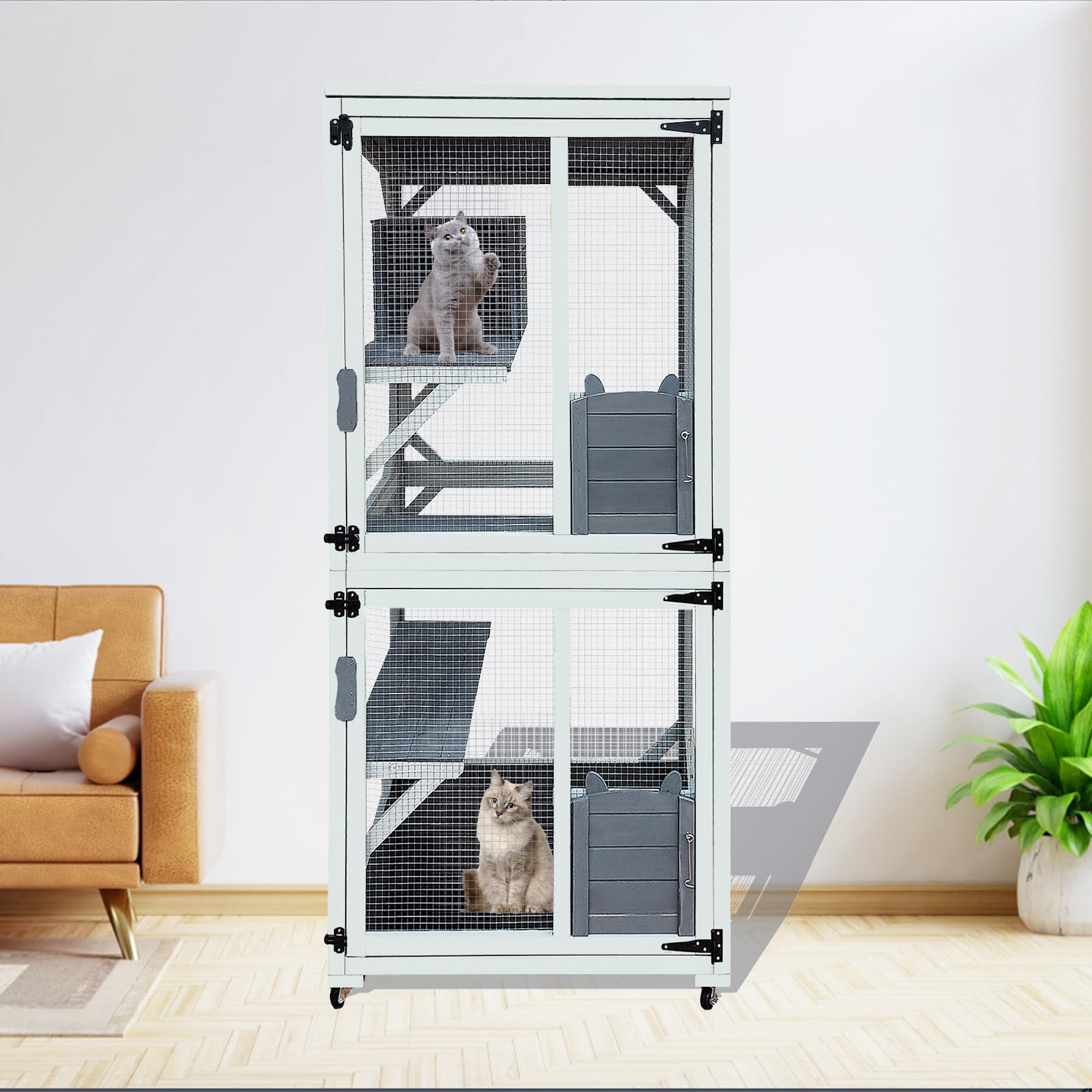 71'' Catio Outdoor Cat House on Wheels, Outdoor Cat Enclosure for 2 Cats Cat Cage with Waterproof Cover, Feral Cat Shelter with 4 Platforms and Resting Box