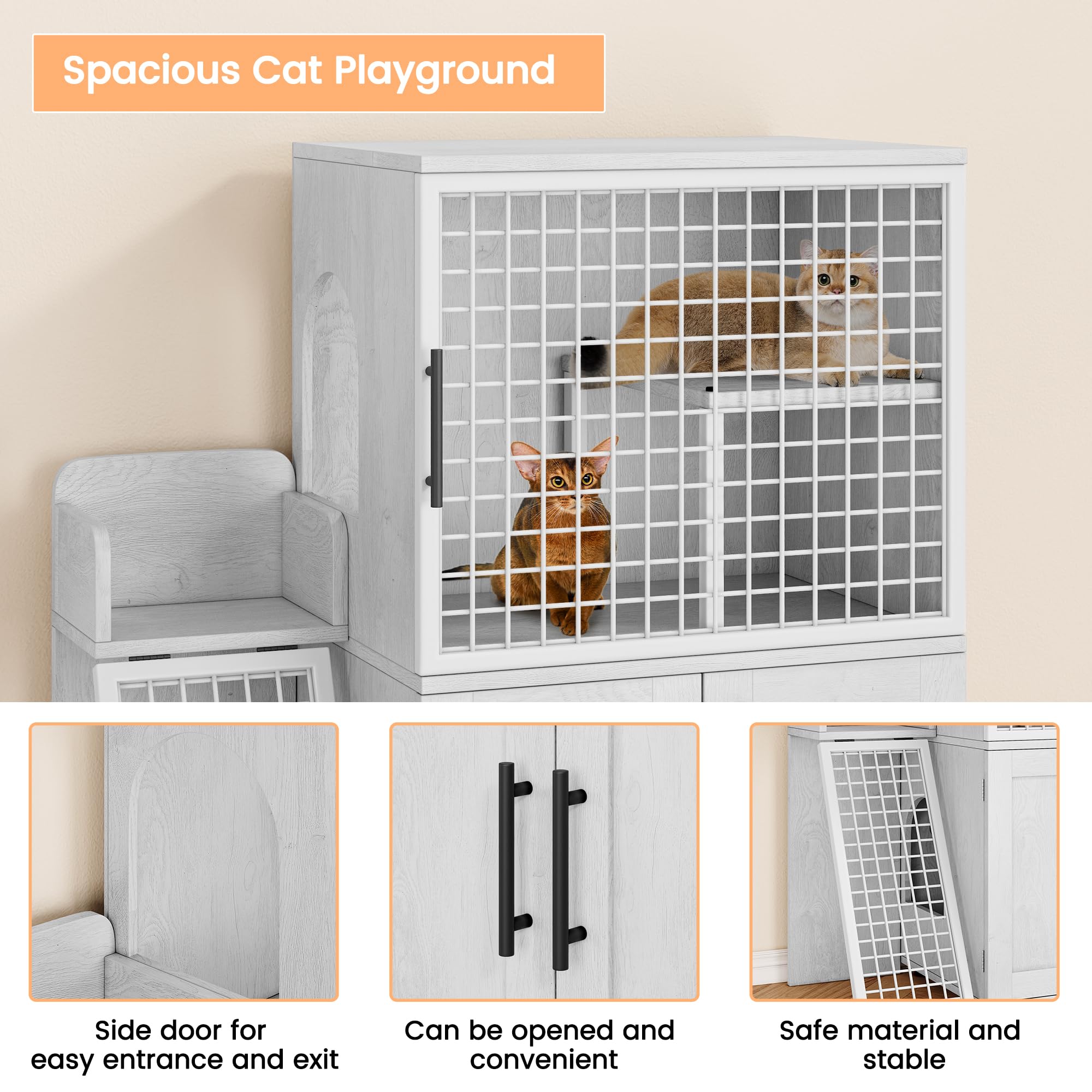 IDEALHOUSE Villa Litter Box Enclosure With Platform, Double Layer Hidden Furniture, Indoor Modern Cat Washroom, House With Ladder, 33.5" L x 17.9" W x 41.9" H, Antique White