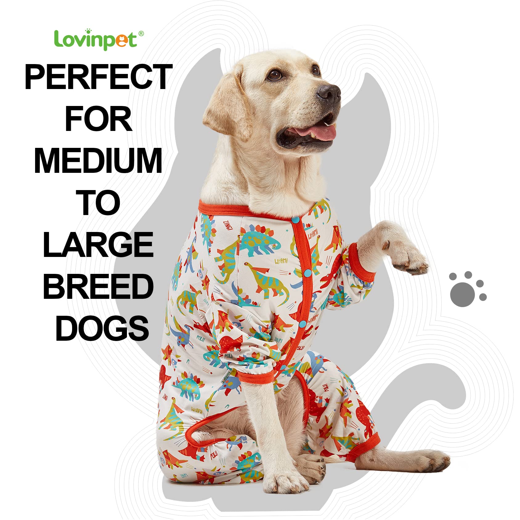 LovinPet Large Dog Pajamas, Undershirt for Dog Coats, Anti Licking, Pitbull Clothes, Pet Anxiety Calming Onesies for Dogs, White Dinos Print, Pet Pajamas for Dogs, Pitbull Shirt, M