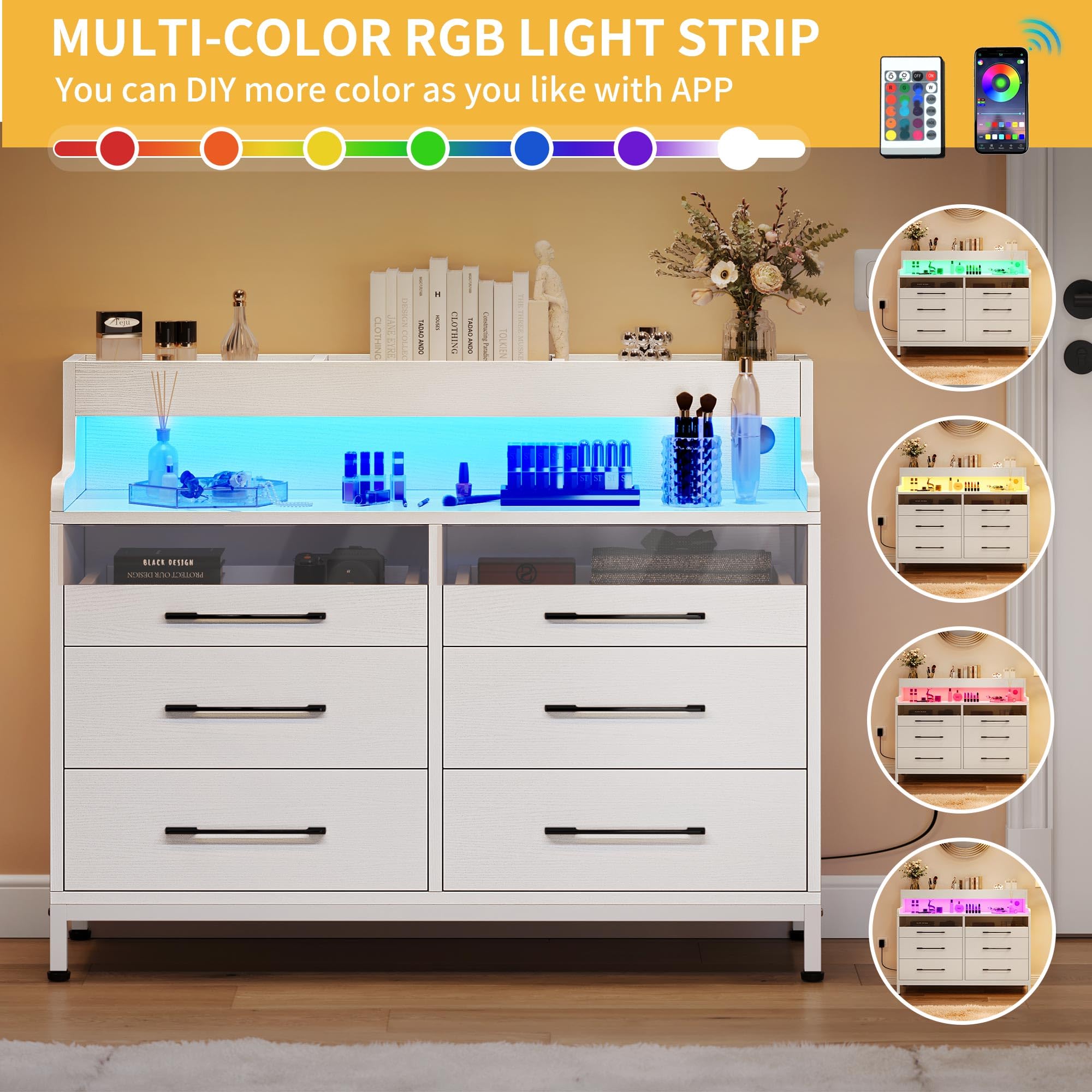 DWVO 6 Drawer Dressers with LED Light, Dresser & Chests of Drawers with Charging Station, Modern Dresser with Open Shelf Storage for Room, Entryway, Hallway, White