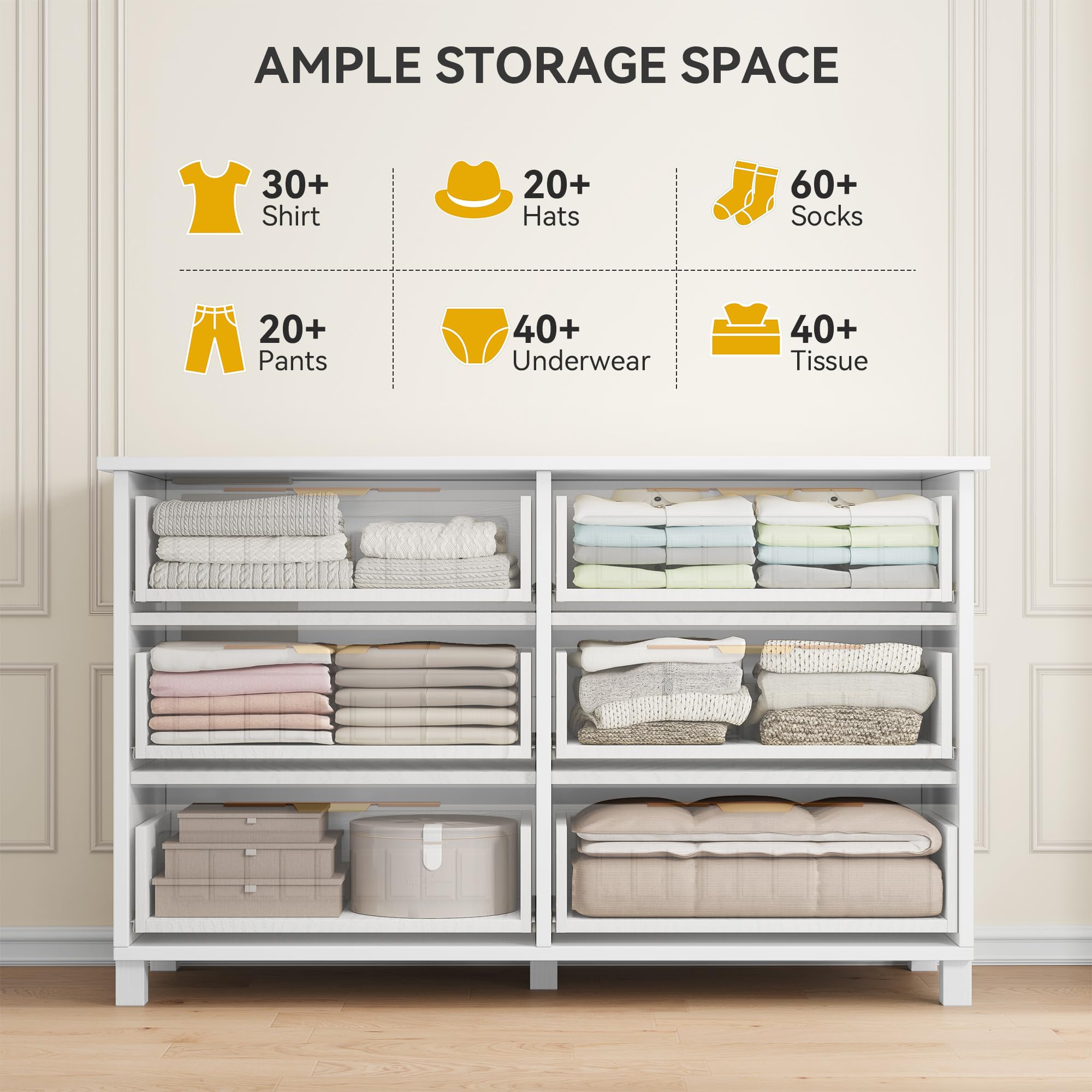 DWVO 6-Drawer Dresser for Room, White Wood Dresser with Charging Station and LED RGB Light, Chest of Drawers Storage Organizer TV Stand for 60'' TV for Room, Living Room, Closet, Entryway