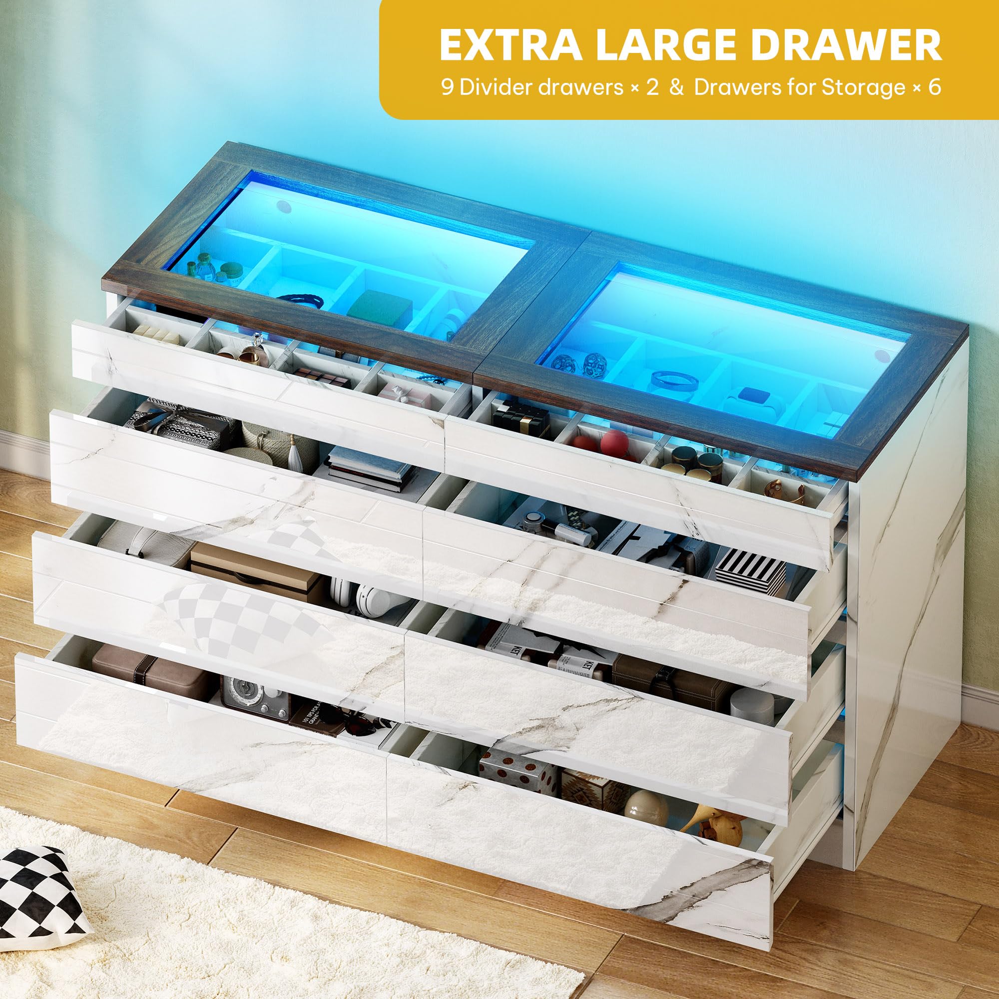 DWVO 8 Drawer Dresser with LED Light,White Marble Dresser, Modern 8 Chest of Drawers with Deep Drawers Glass Top High Gloss Surface, Storage Organizer Cabinet for Living Room, Bedroom