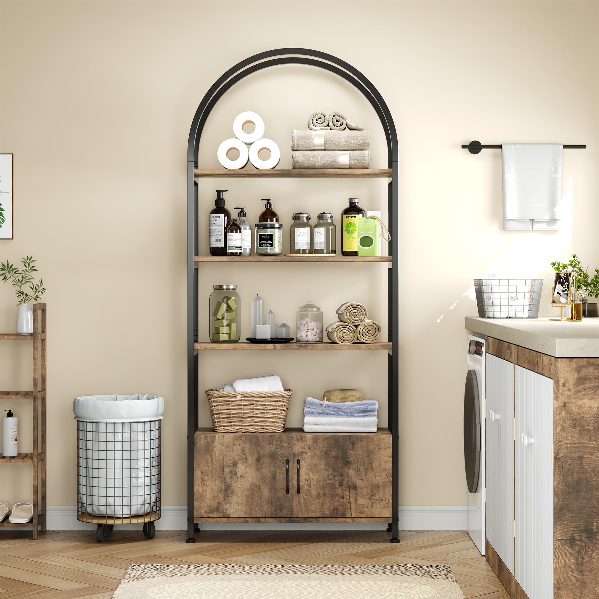 GarveeHome Arched Bookshelf, Bookcase with Doors Storage, 71.5 Inches Tall Industrial Book Shelf with Sturdy Metal Frame and Quality Boards, Freestanding Display Shelving (Brown)
