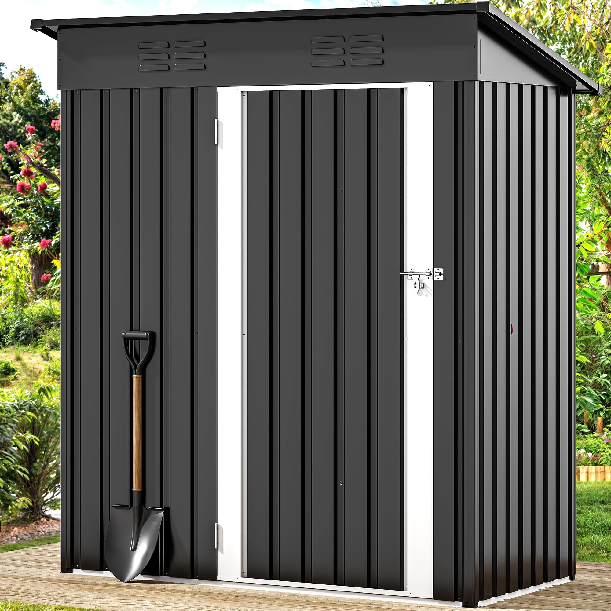 DWVO Metal Outdoor Storage Shed 5x3ft, Lockable Tool Sheds Storage with Air Vent for Garden, Patio, Lawn to Store Garbage Can, Lawnmower, Dark Gray