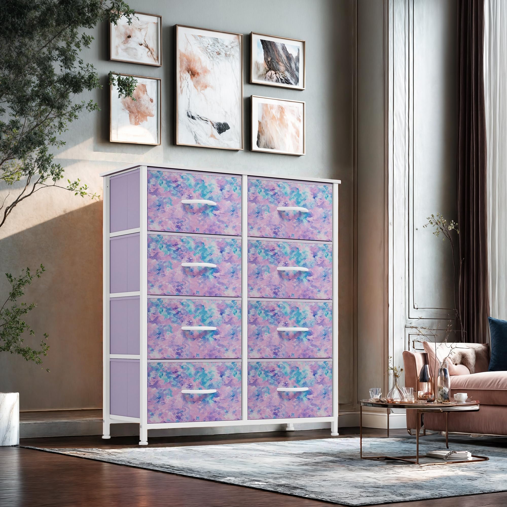 GOOBED Fabric Dresser Drawer, Tall Storage Dresser with 8 Drawers, Chest of Drawers, Storage Drawer Organizer for Closet, Living Room, Closets, Tie-dye Purple