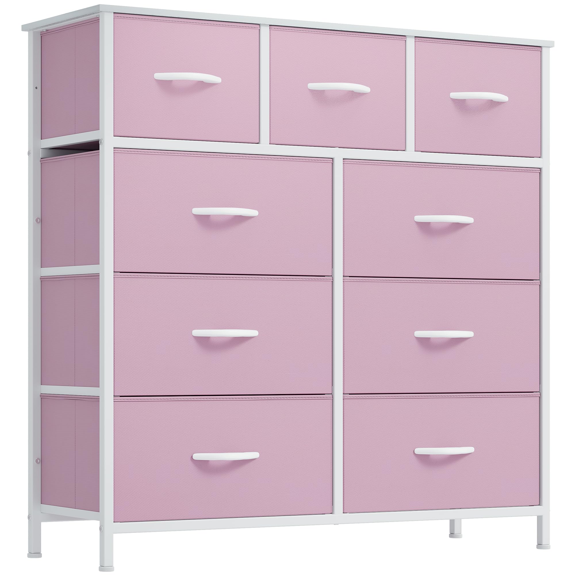 DWVO Dresser with 9 Drawers, Fabric Storage Dresser, Closet Chest of Drawers for Living Room, Closets - Sturdy Steel Frame, Wooden Top & Easy Pull Fabric Bins (Pink)