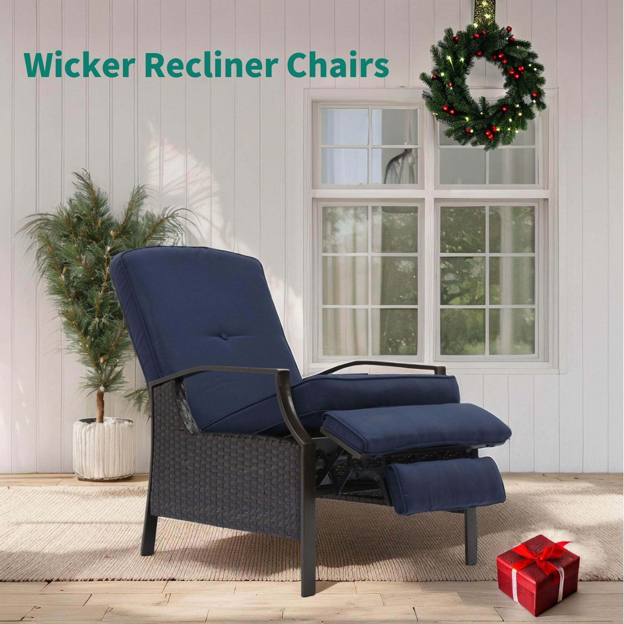 YITAHOME Outdoor Recliner Chair, 2-Piece Patio Adjustable Wicker Reclining Lounge Chairs, Dual-use Rattan Furniture Set with Soft Thick Cushions, Extended Footrest, Flip Back, Brown & Navy Blue