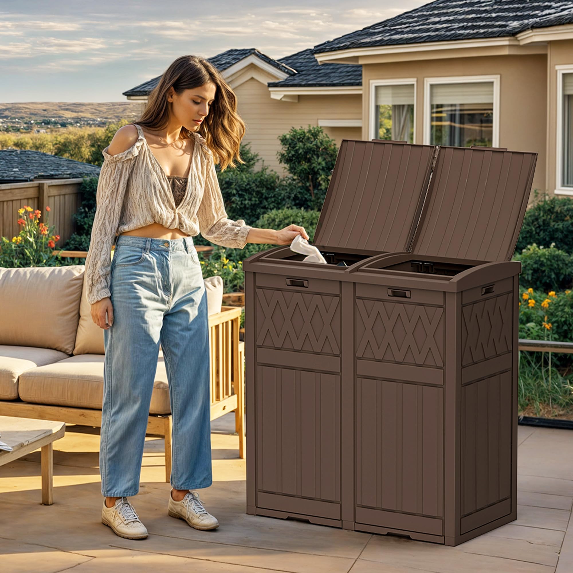 YITAHOME 76 Gallon Dual Compartment Outdoor Trash Can, Resin-Based with Layered Lid and Drip Tray, Waterproof Garbage Bin Brown