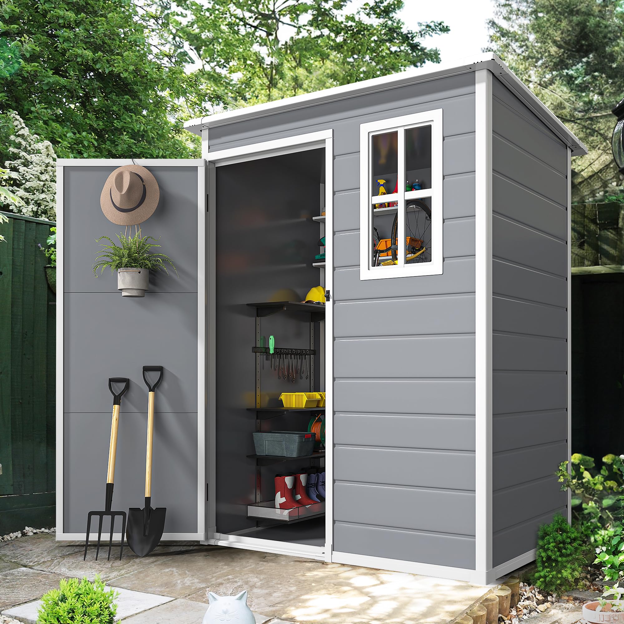 DWVO 5x3ft Resin Outdoor Storage Shed with Floor, Waterproof Lockable Storage Shed with Window, Plastic Outside Tool Storage for Garden, Backyard, Patio, Lawn, Gray