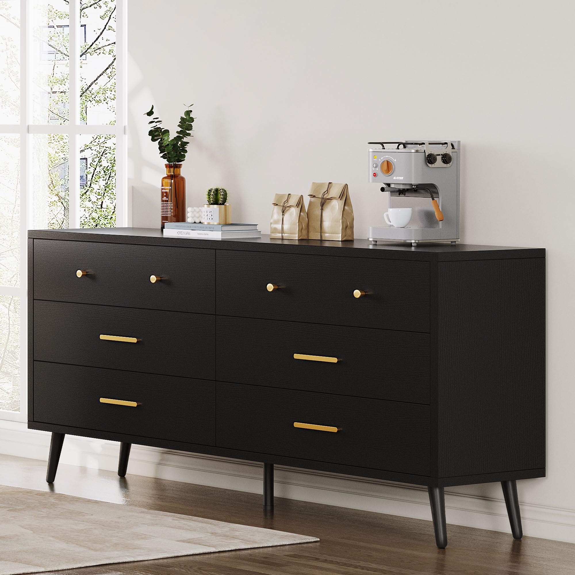 DWVO Black 6 Drawers Dresser/Modern Wood Dresser Chest of Drawers with Black Metal Handle＆Anti-Tipping Device/Modern Double Storage Cabinet for Entryway/Living Room