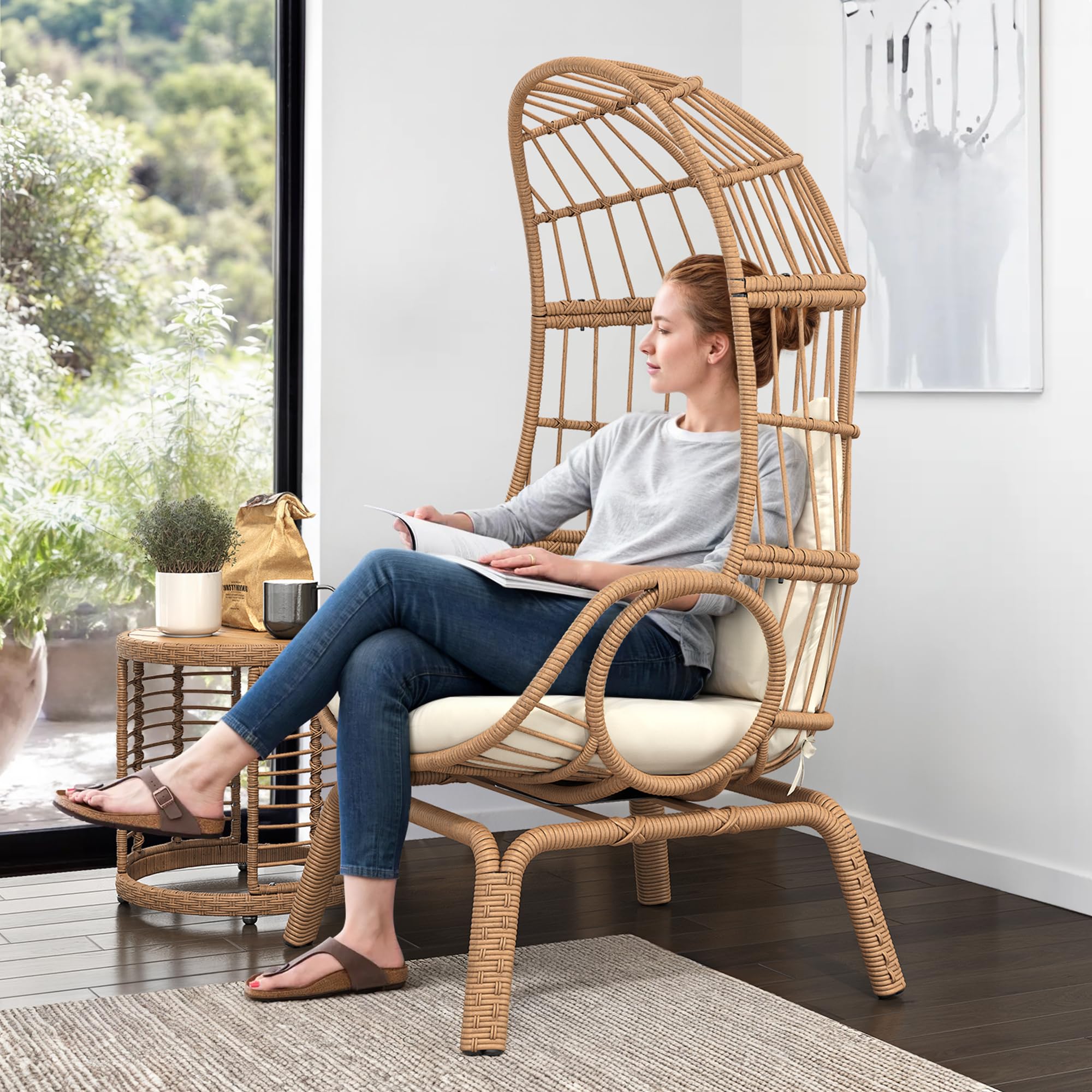 DWVO Swivel Egg Chair Outdoor, 370lbs Capacity Wicker Patio Rotating Basket Chair, All-Weather Small Egg Lounger Chair for Indoor Outside, Beige