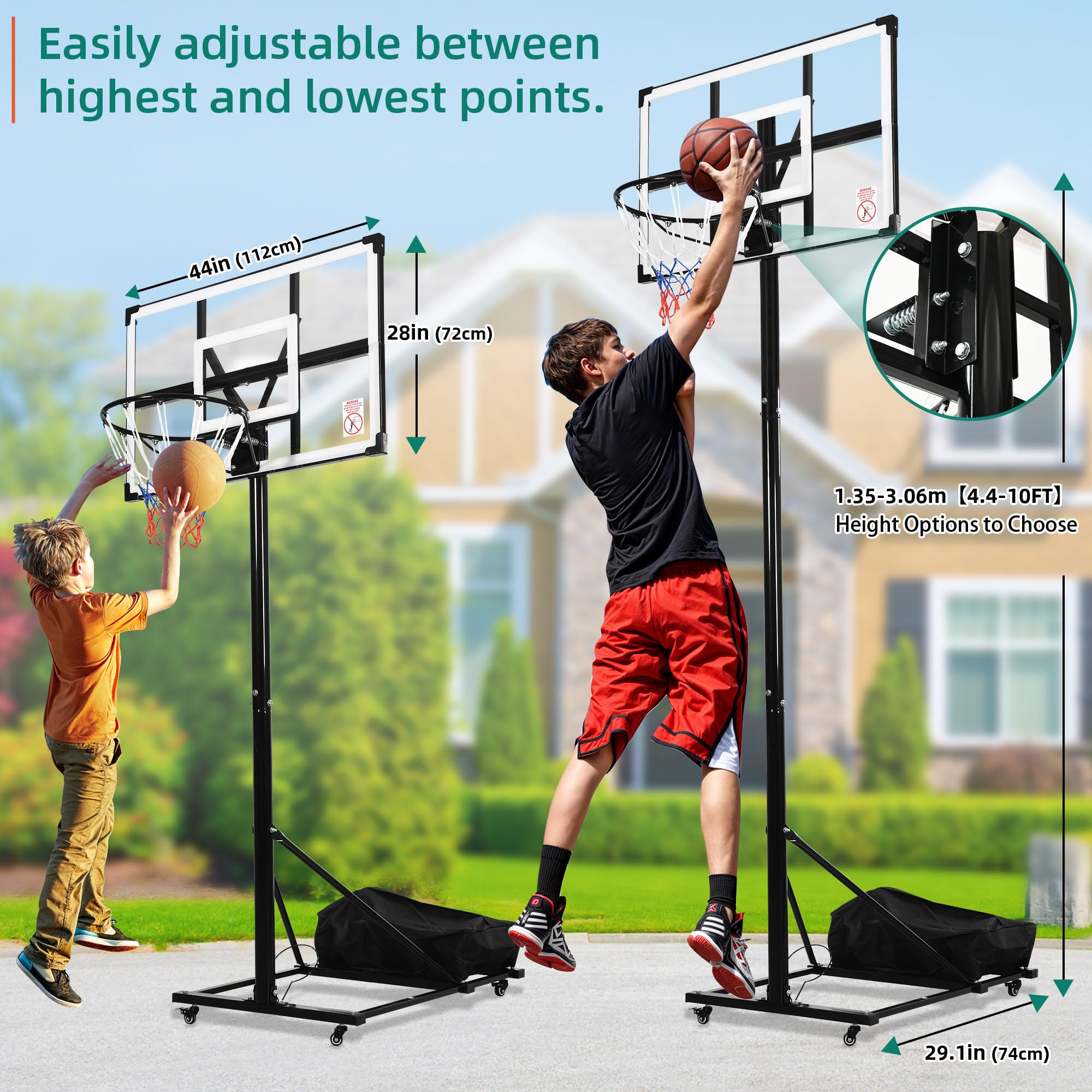 YITAHOME Basketball Hoop Outdoor, Portable Basketball Hoops & Goals, 4.5-10 FT Adjustable Basketball Hoop Outdoor with 44in Reinforced Iron Frame Backboard